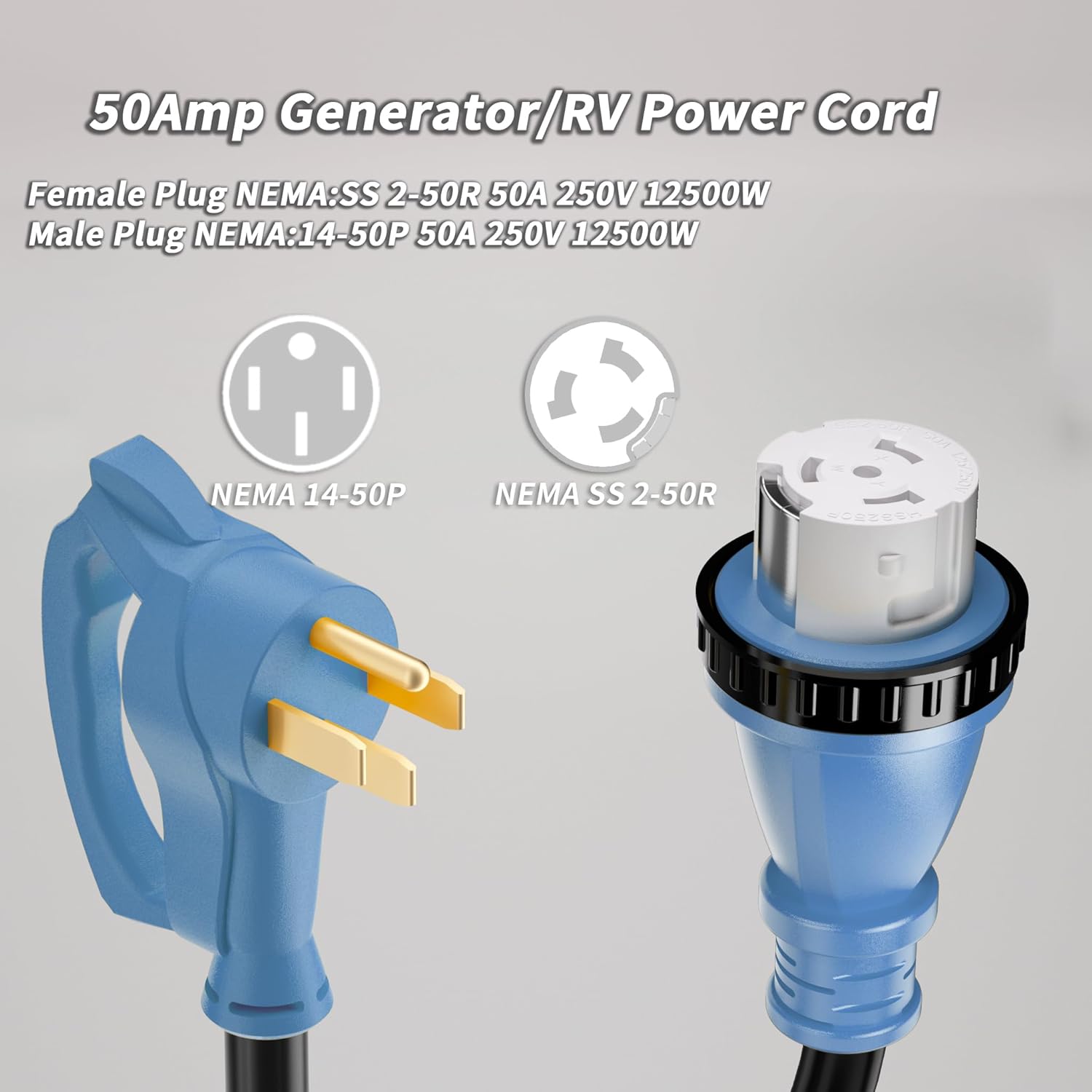 50 Amp Generator Cord, 15FT 50 Amp RV Extension Cord with Twist Lock, Generator Cable 50A 4 Prong Blue, NEMA 14-50P/SS2-50R Heavy Duty STW Wire for RV Camper & House