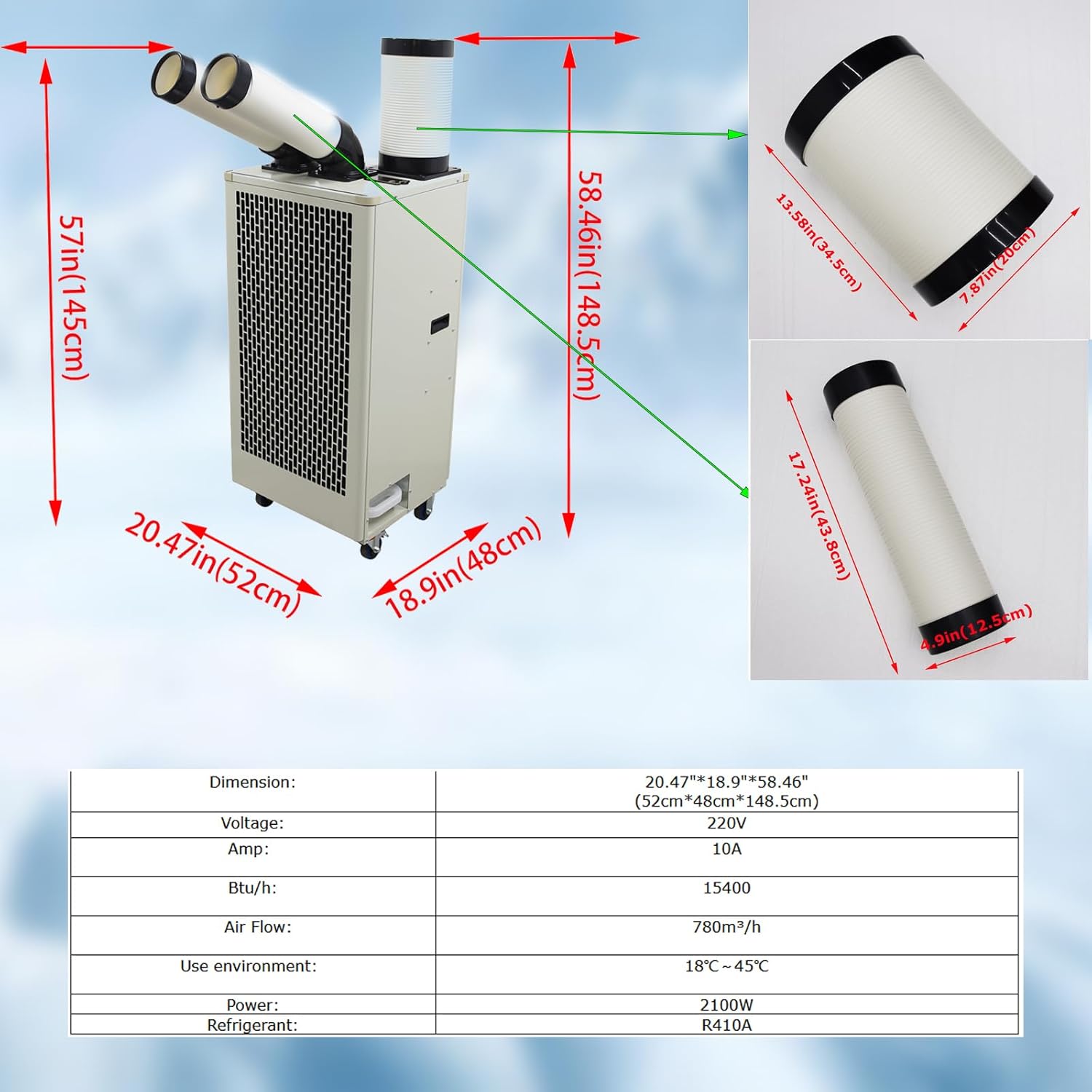 220V Industrial Air Conditioner 780m³/h Spot Cooler Commercial Portable Mobile Air Conditioner, 15400BTU/H 2100W