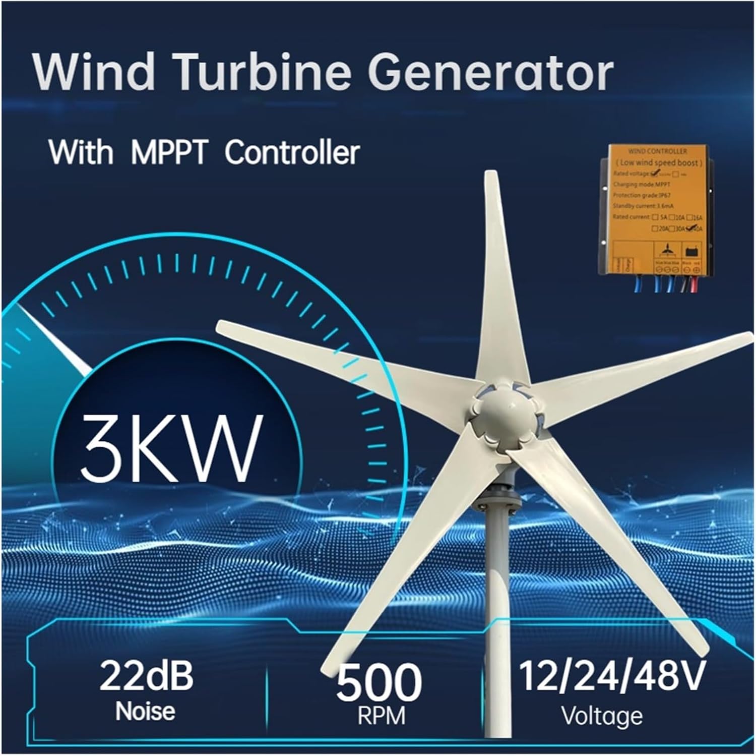 Horizontal Axis 3000W 3/5 Blades Windmill 12V 24V 48V Wind Power Small Wind Turbine Generator MPPT Controller for Home Use Industrial Energy(12V,3000W 3blades)