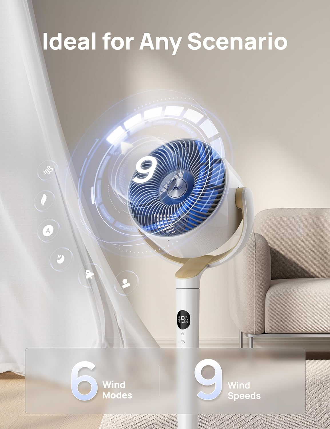 Dreo Smart Fan for Bedroom, 120° +120° Omni-Directional Oscillating Fans, 90ft Quiet Pedestal Fan with RGB Light, 9 Speeds, 6 Modes, 20dB, 8H Timer, Wi-Fi/Voice/Alexa, 37-42