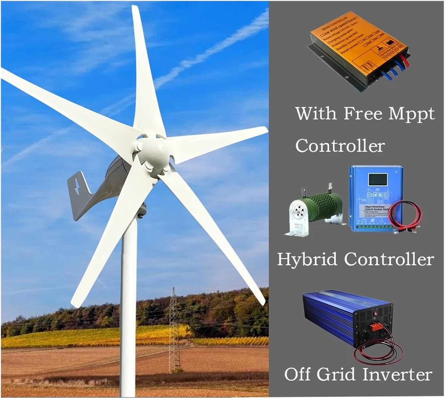 5000W Horizontal Wind Turbine Generator 5 Blades 48V 24V with MPPT Charger Controller Off Grid System for Home Use Industrial Energy(with Mppt Controller,12V)