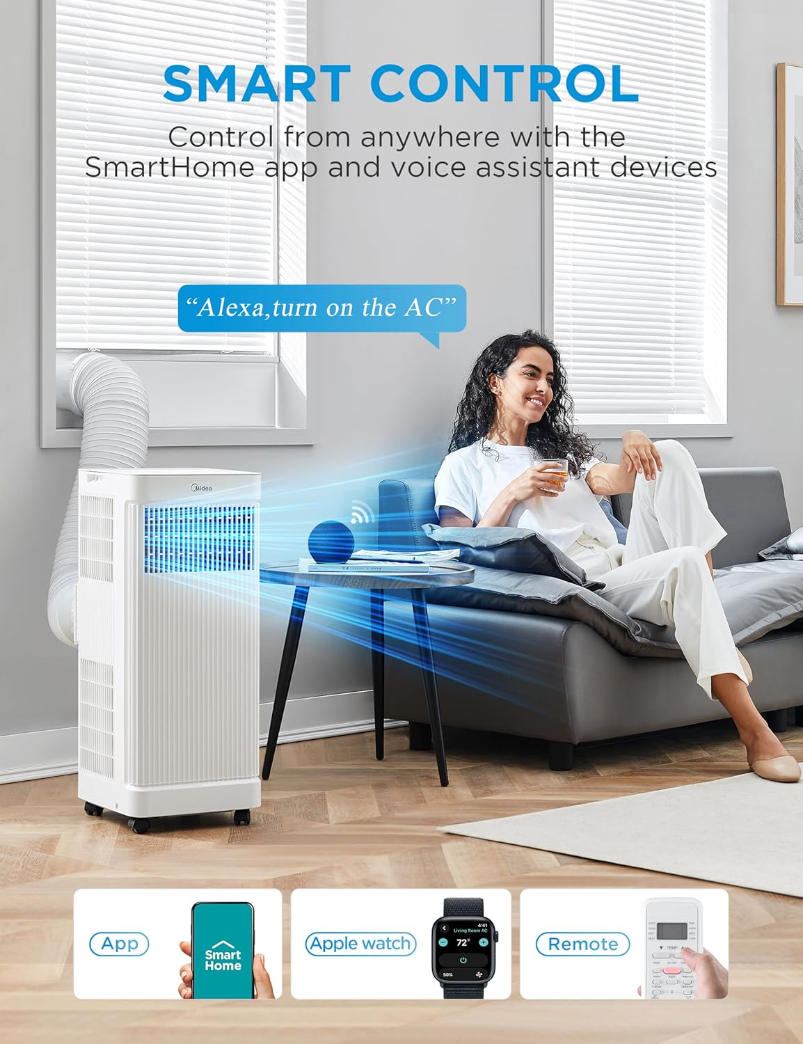 Midea 10,000 BTU ASHRAE (7,100 BTU SACC) Portable Air Conditioner, Smart Control, Cools up to 300 Sq. Ft., with Dehumidifier & Fan mode, Easy- to-use Remote Control & Window Installation Kit Included