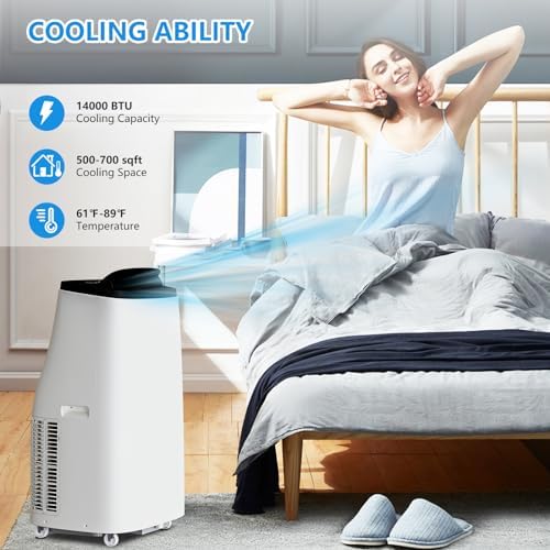 14,000 BTU Portable Air Conditioner – 3-in-1 Quiet Cooling, Dehumidifier & Fan for Rooms Up to 700 Sq. Ft. – with Remote Control, Sleep Mode, 24-Hour Timer & Window Installation Kit, White & Black