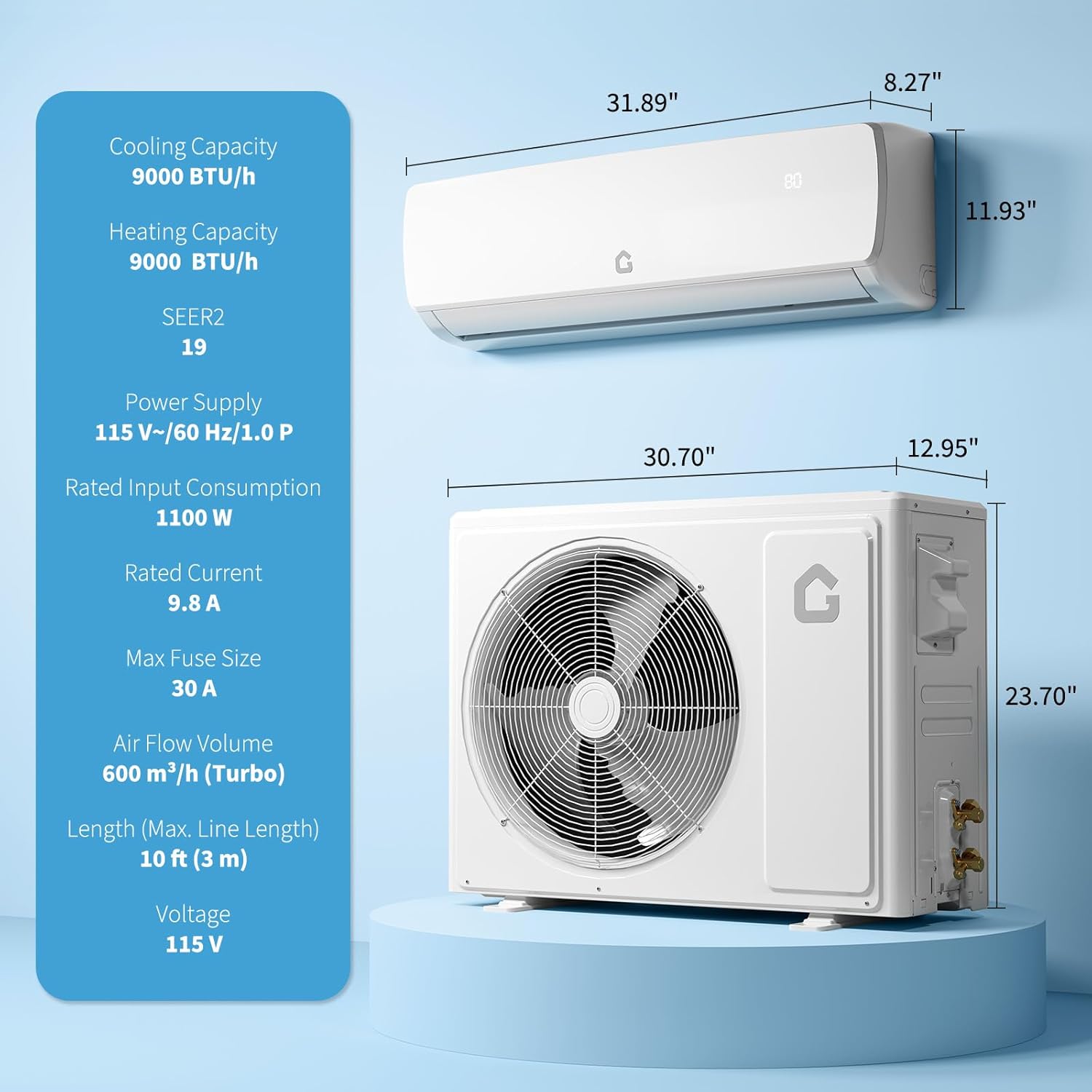 Garvee 9000 BTU Mini Split AC/Heating System, 19 SEER2 Inverter Split System Air Conditioners, Ductless Wall Mount Heat Pump, AC Unit Cool Up to 450 Sq. Ft, Installation Kits, 115V
