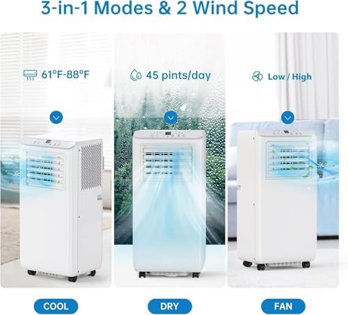 Portable Air Conditioner 8000 BTU - 3-in-1 Cooling, Dehumidifier & Fan for Up to 350 Sq.Ft - Portable AC Easy Install No Tools, Remote Control & Window Kit for Bedroom, Office, Dorm