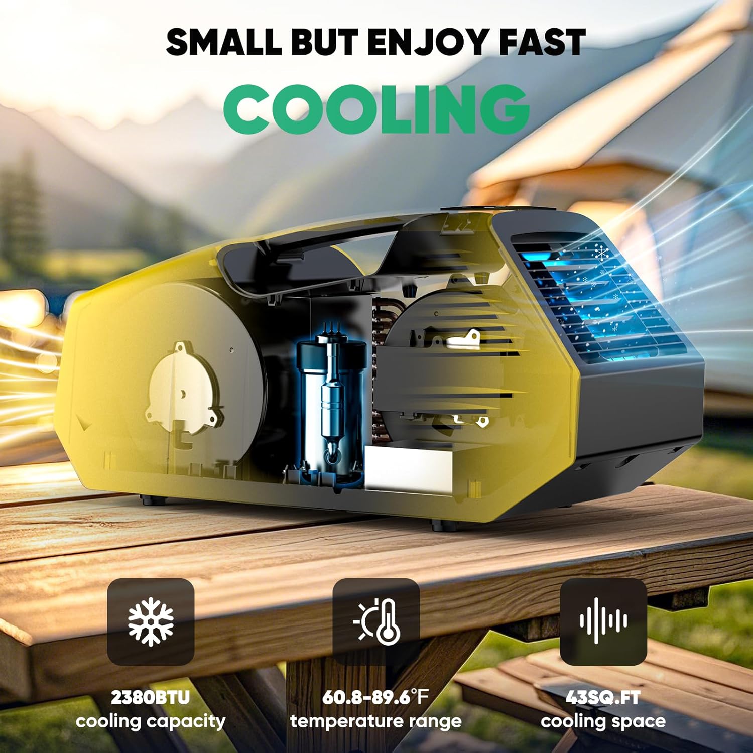 Portable Air Conditioner- Portable Ac for Camping, 240W Low Power Consumption Portable AC for Car, Tent, RV, Truck,Outdoor Use (Yellow)