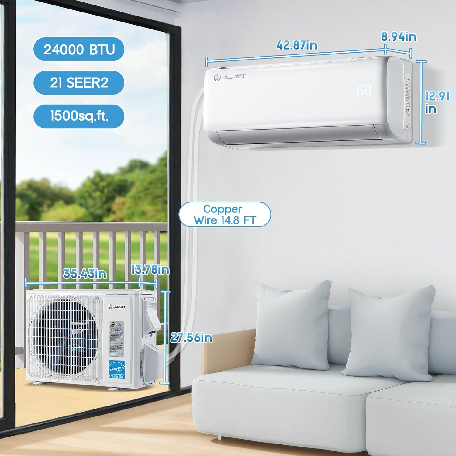 Albott Mini Split Air Conditioner Heat Pump, 24000 BTU 21 SEER2 208V-230V, Energy Star, Remote Control for Rooms up to 1500 Sq.Ft, Wall Ac Unit with 14.8ft Installation Kit, White