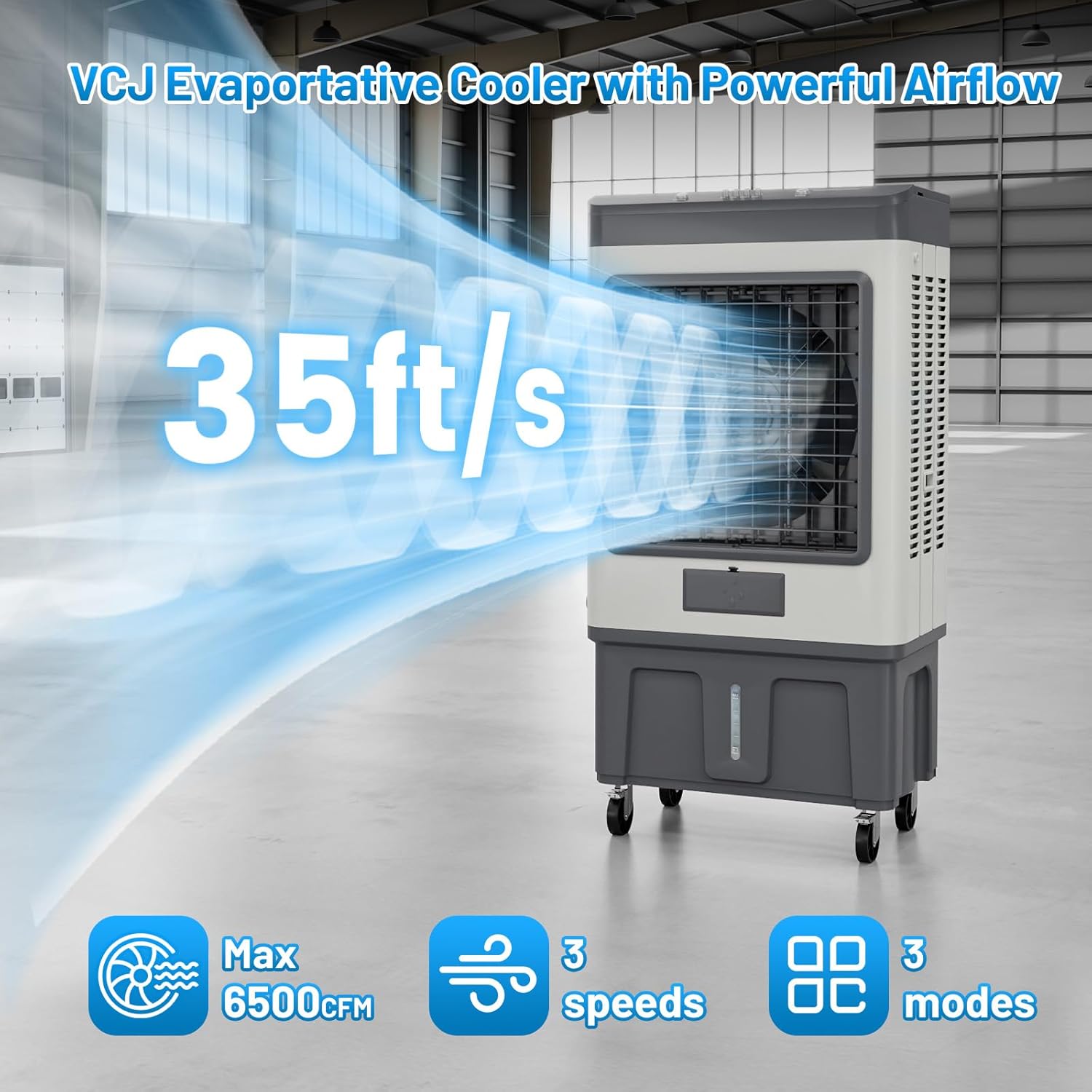 VCJ 6500CFM Swamp Cooler, Evaporative Air Cooler with 19Gal Water Tank, 8 Ice Packs, 120°Oscillation, 3 Speeds, Swamp Cooler Air Conditioner for Outdoor Patio Garage Commercial Industrial Use