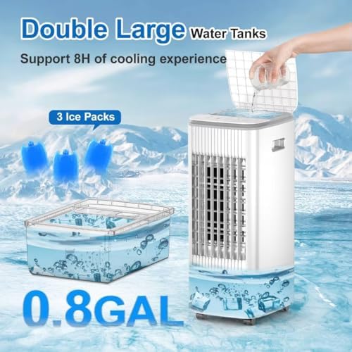 Portable Air Conditioner Evaporative Cooler Ac Unit,BEBEGINE Swamp Cooling Fan Without Hose,3-IN-1 Windowless Ventless Humidifier for Room Offices,Remote,3 Speed,Water Tank,3 Ice Pack Large