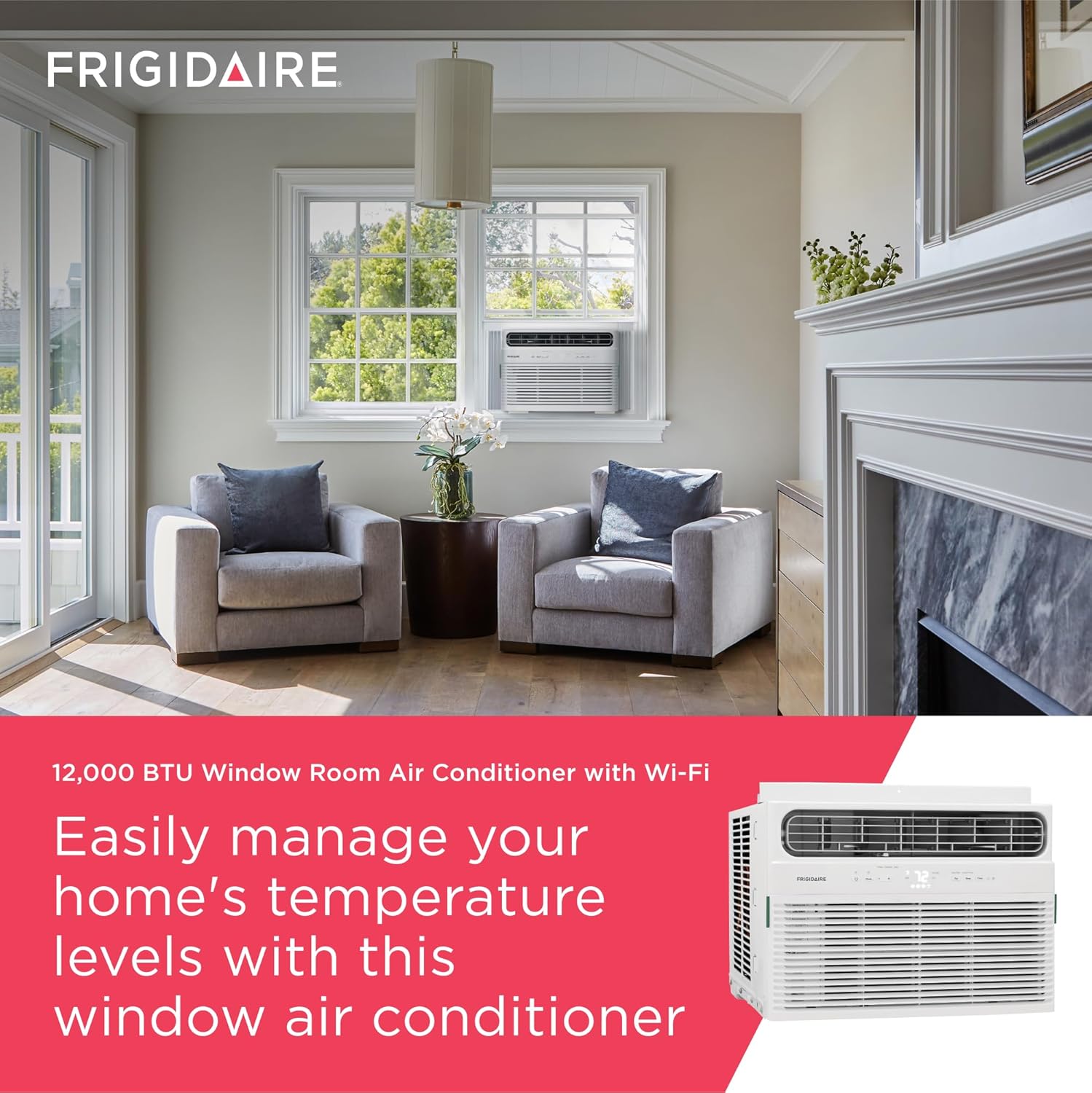 Frigidaire 12,000 BTU Smart Window Air Conditioner with Wi-Fi, Cools Up to 550 Sq. Ft., Remote Control, Quiet Operation, Eco Mode, 3 Fan Speeds, White
