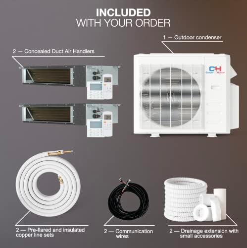 Cooper & Hunter 18,000 BTU 2-Zone Concealed Ducted Mini Split Air Conditioner & Heat Pump – 9K+9K Slim Duct Air Handlers – 22.9 SEER2 Inverter System – 25FT Installation Kits – 230V