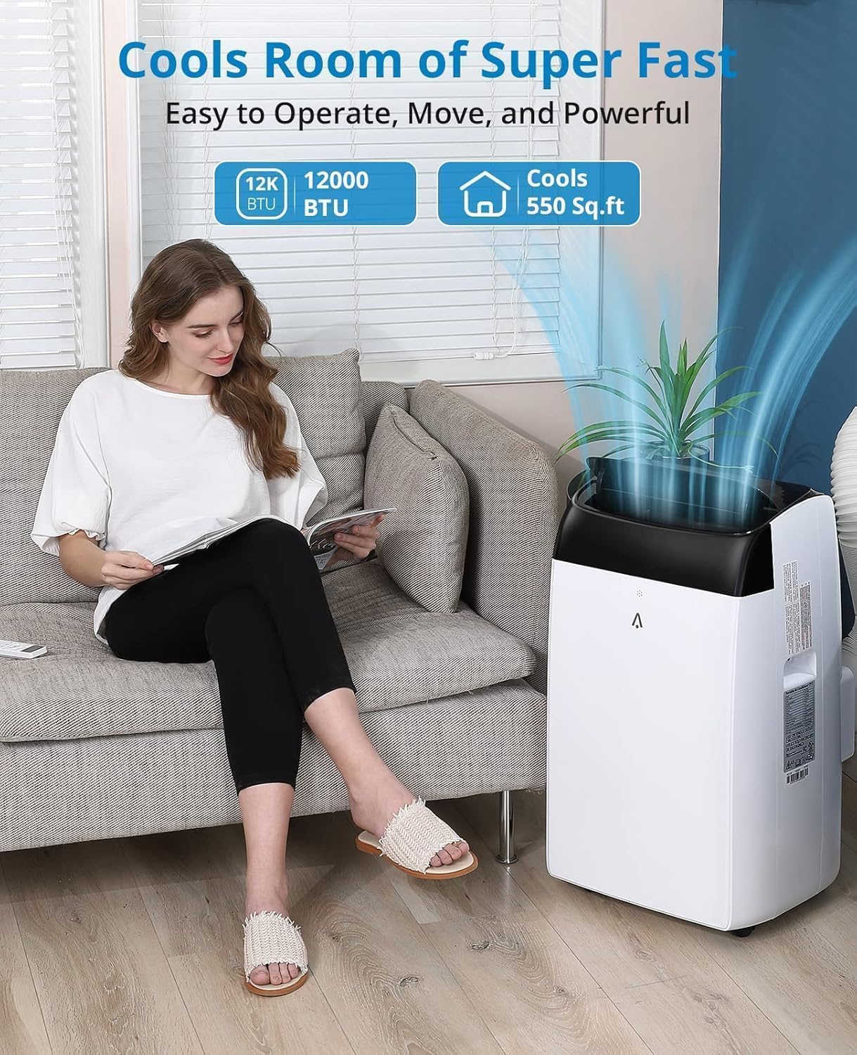 12,000 BTU Smart Portable Air Conditioner for 550 sq.ft with Drain-Free Cooling, Dehumidifier & Fan Modes, 48dB Quiet, Remote Control & 24H Timer, Easy Window Kit, Washable Filter