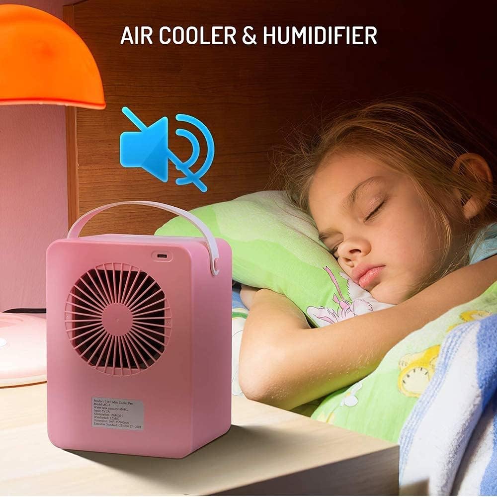 Portable Air Cooler, Mini Silent Air Conditioner, Evaporative Mist Cooling Technology, Usb Powered Desktop Fan, 450ml Removable Water Tank (Green, pink)