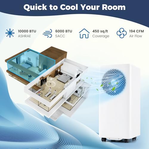 DORTALA Portable Air Conditioner 10000 BTU, 3-in-1 AC Unit with Remote Control, Dehumidifier, 24H Timer, Window Kit, Standing AC for 450 Sq.FT Apartment, Bedroom, White