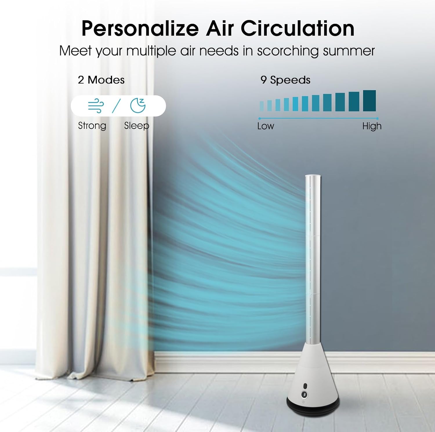 Bladeless Tower Fan with 9 Speeds, 80° Wide Oscillating Cooling Fan, Electric Standing Floor Fan with 8H Timer, Space-Saving Design for Bedroom Office