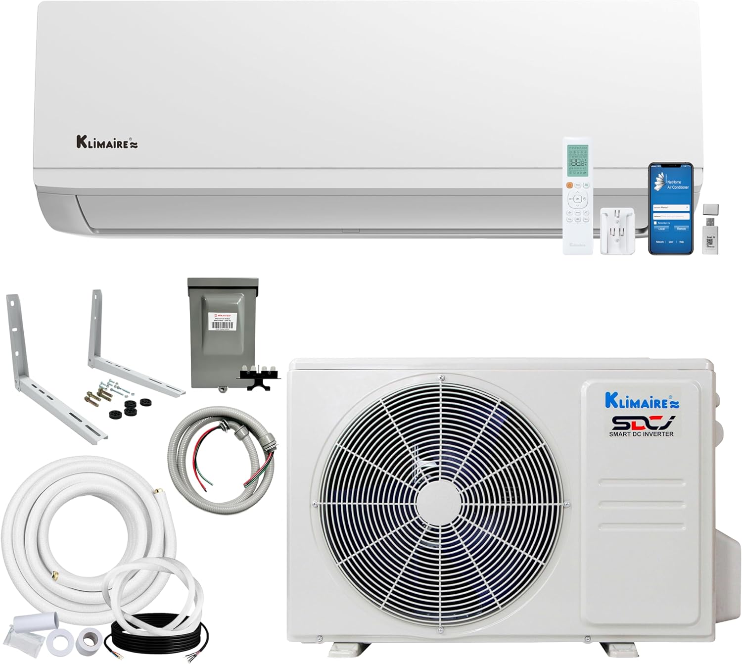KLIMAIRE 12,000 BTU 23.1 SEER2 Hyper Heat Ductless Mini Split Air Conditioner & Heat Pump System, Operates Down to -22°F, with Pre-Flared 16'Installation Kit & Wall Bracket, 230V, Wi-Fi Enabled (230V)