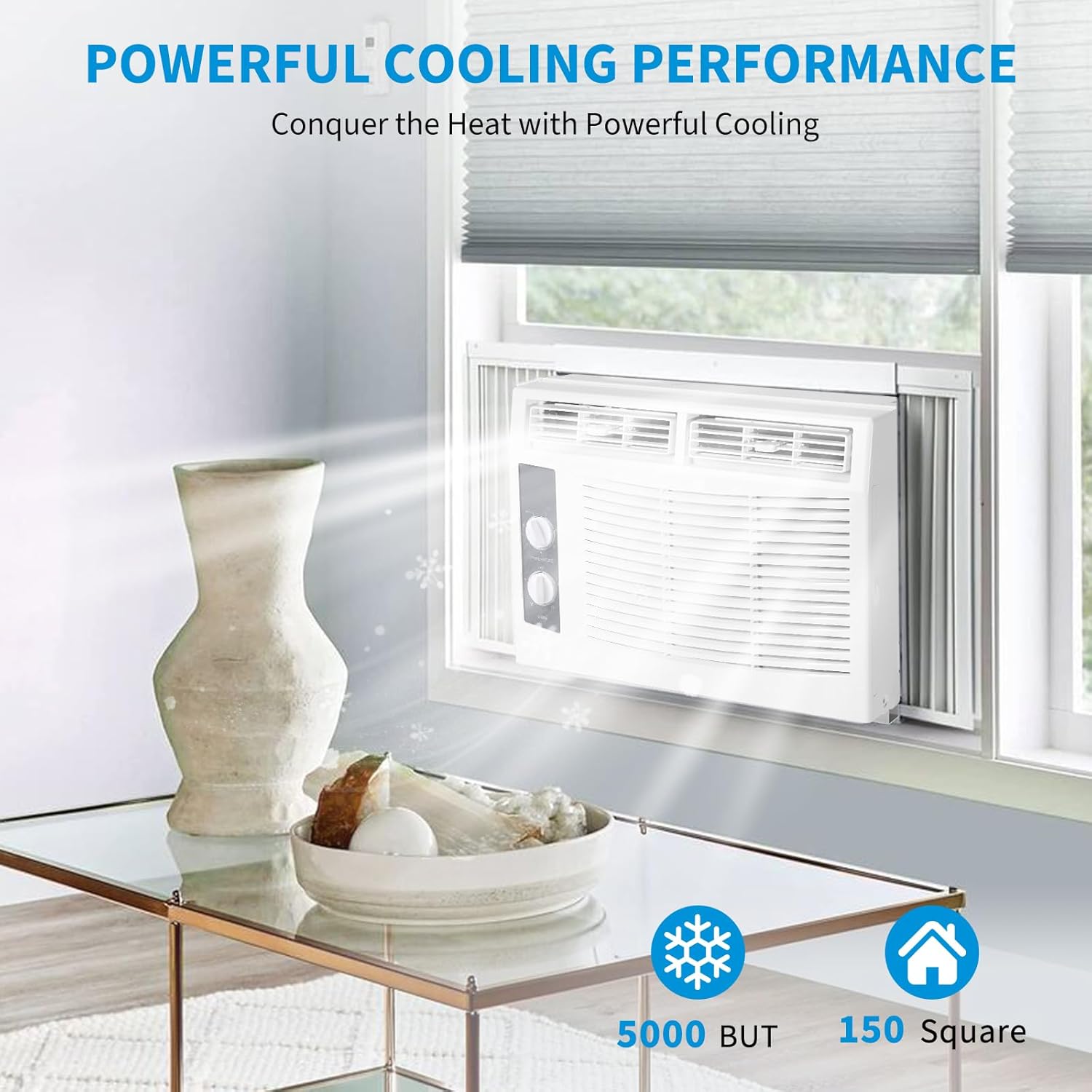 5000 BTU Window AC Unit with Remote - Cools Rooms 150 Sq.Ft, Low-Noise & Energy Saver for Bedroom, Office, Dorm (Quick-Install Kit)​