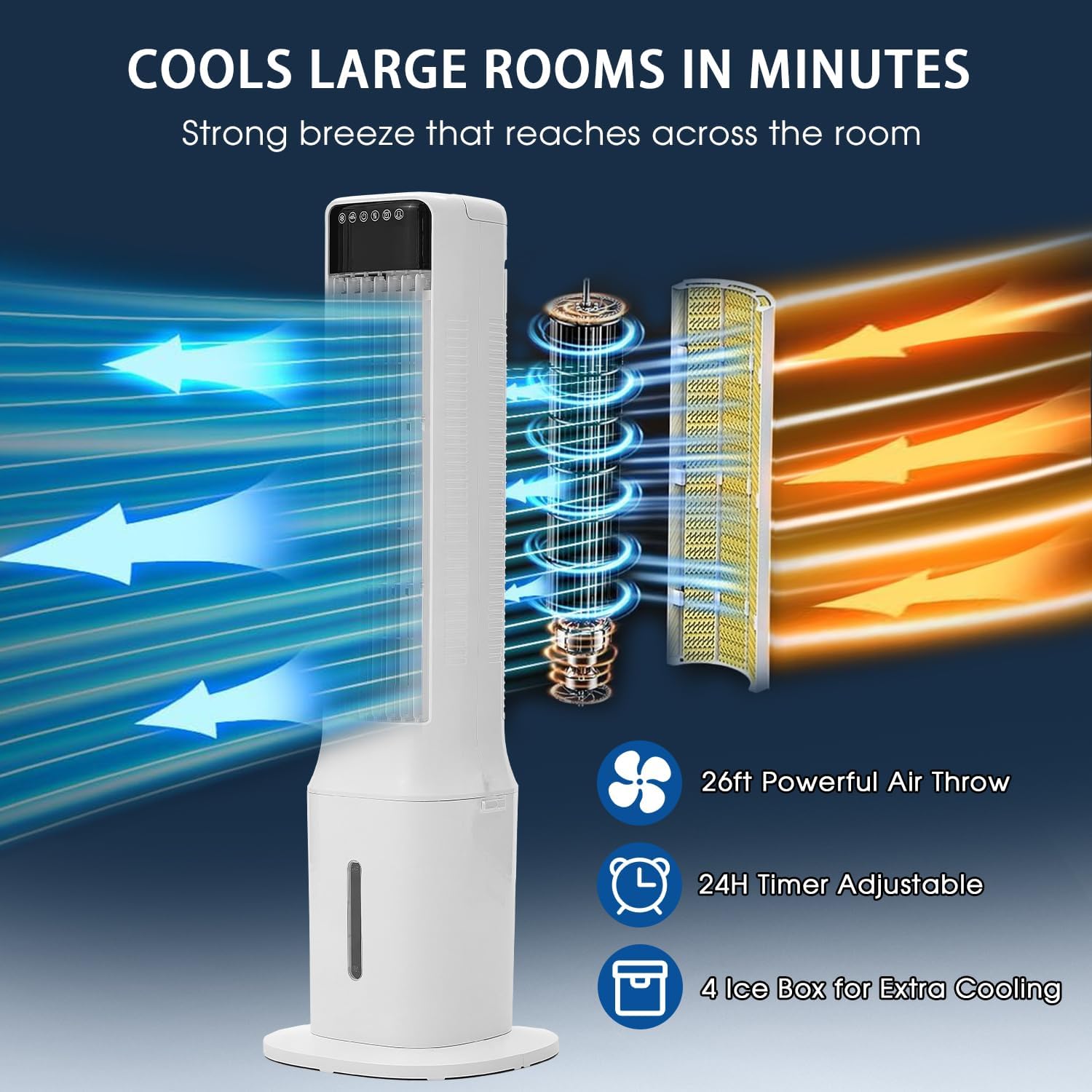 Swamp Cooler Air Conditioner Portable, 41in Tower Standing Fan 120° Oscillating Bladeless Evaporative Air Cooler with Removable Water Tank, 4 Ice Packs, 24h Timer, Auto-off for Bedroom Garage Outdoor
