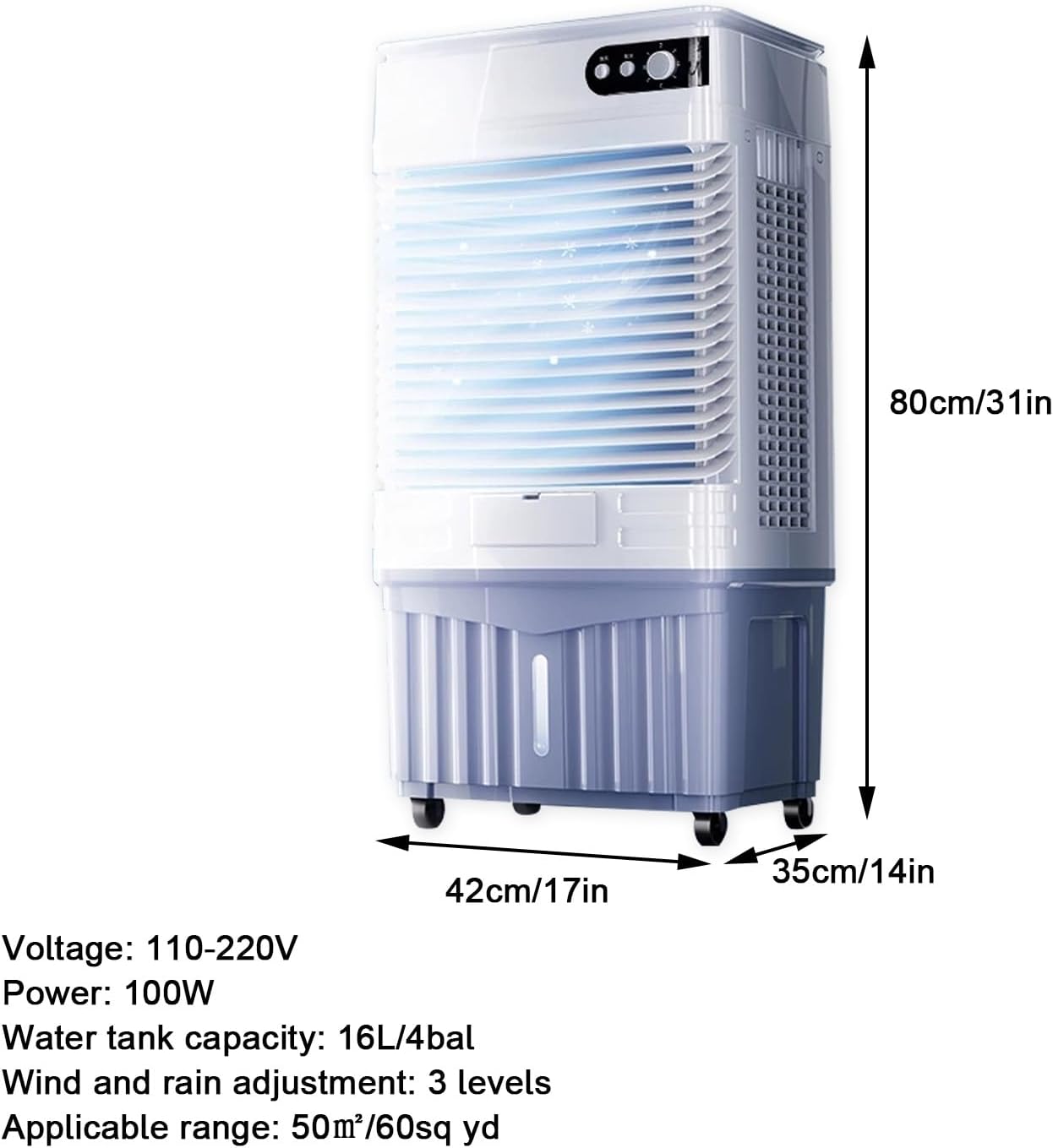 Portable Air Conditioners, Room Cooling 4-in-1, 120° Air Supply, Large Capacity Water Tank, Whole House Cooling, Quiet Operation, for Home, Office(80x42x35cm/31x17x14in)