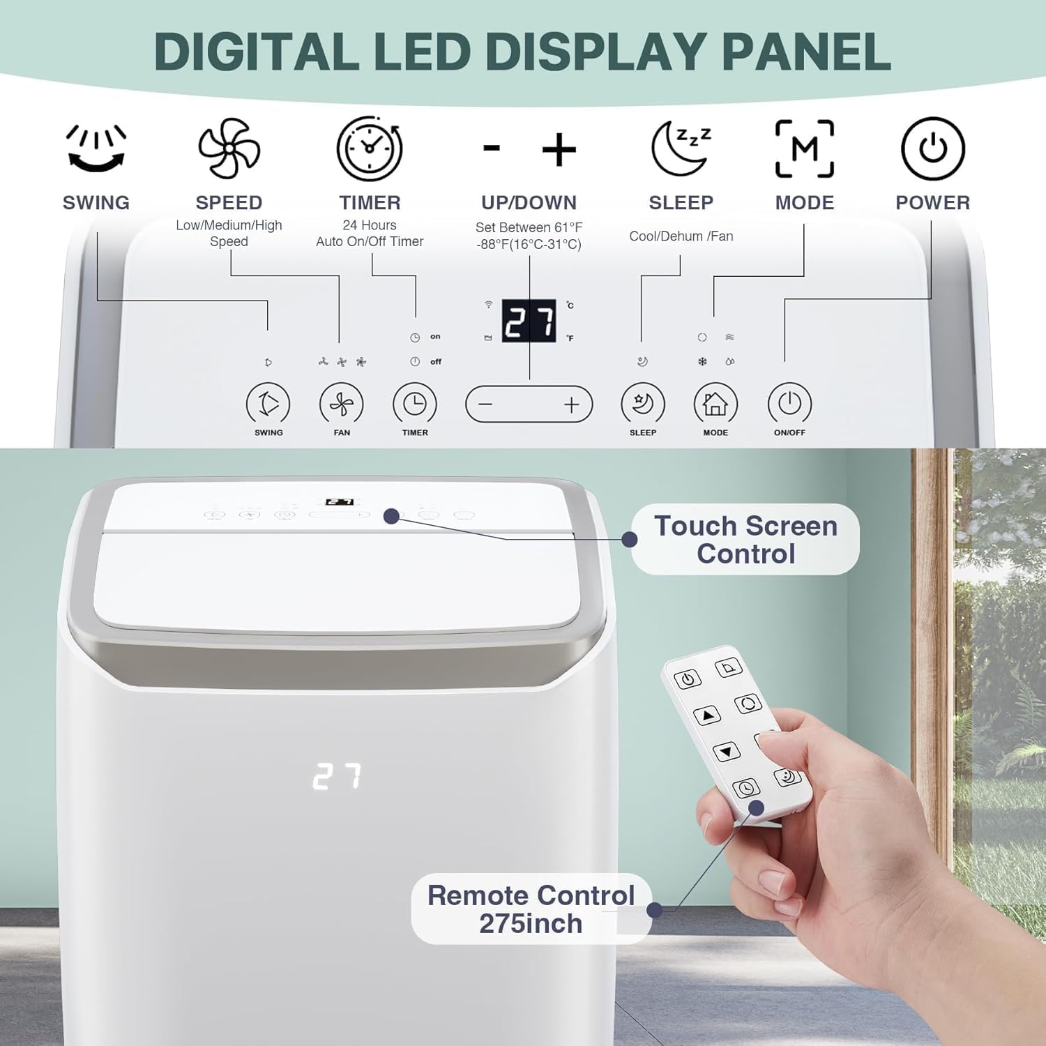 6-In-1 Portable Air Conditioner with 14000 BTU Cooling, Dehumidifying & Fan, Quiet Operation and Easy Mobility, Remote Control, Enhanced Air Quality for Home & Office,Black Top