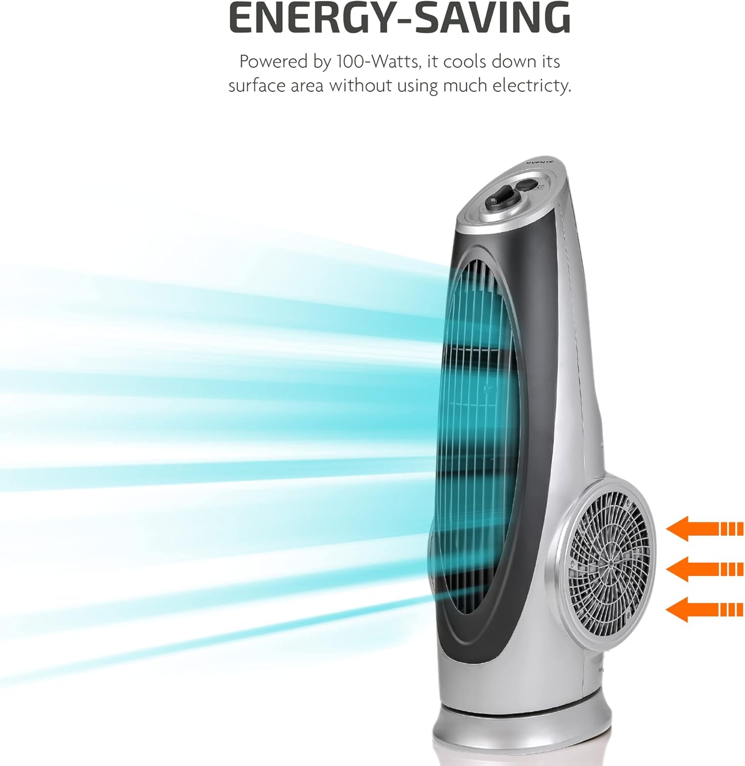 Ovente Portable Electric 30.4 Inch 90° Oscillating Tower Fan with 3 Speeds controlled by Manual Analog Knob with Low-Noise Technology Cool Air Breeze, Indoor, Bedroom, Home, Office, Silver TF87S