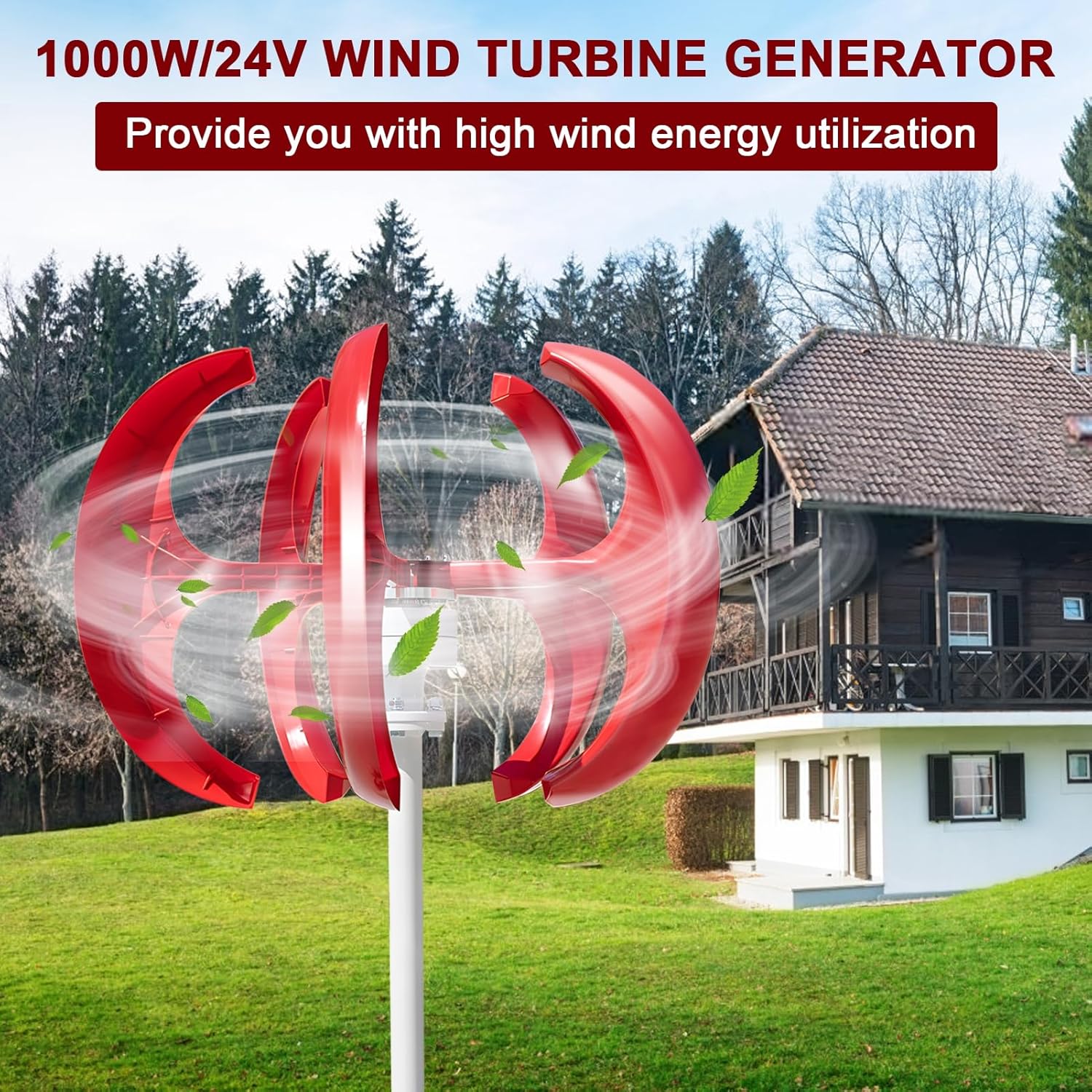 1000w Wind Turbine Generator Kit, 12v/24v 5-Blade Lantern Turbine Generator Kit, Electromagnetic Electricity Producer Equipment for Home, Farm, Rvs, Boats Red