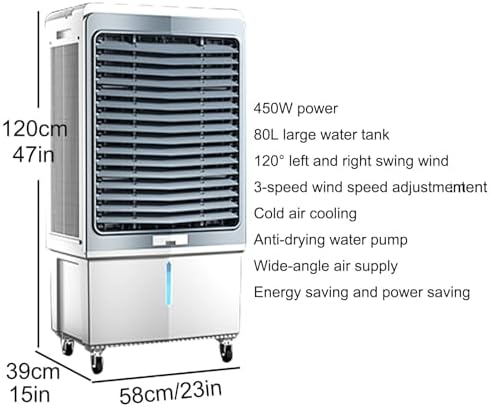 4 in 1 Evaporative Air Cooler, Swamp Cooler Air Conditioner with 3-Speed, Industrial Air Conditioning Fan with 80L Large Water Tank, 120° Oscillation, for Yard, Porch, Factory, Office, Commercial