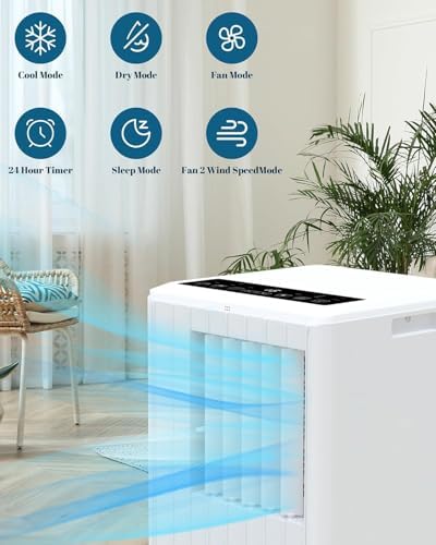 8000 BTU Portable Air Conditioner with Remote Control – Ultra-Quiet 3-in-1 Energy-Efficient AC Unit, 24H Timer & 2 Speed Modes for Bedroom, Office, Room Cooling (White)
