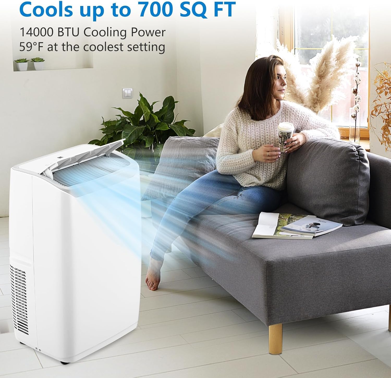 Portable Air Conditioners, 14000 BTU Portable AC Unit with Remote Control, 3-In-1 Air Conditioner for Room, Dorm, Office, Cools Up to 750 Sq. Ft, Sleep Mode, 24H Timer, Window Kit, White and Grey