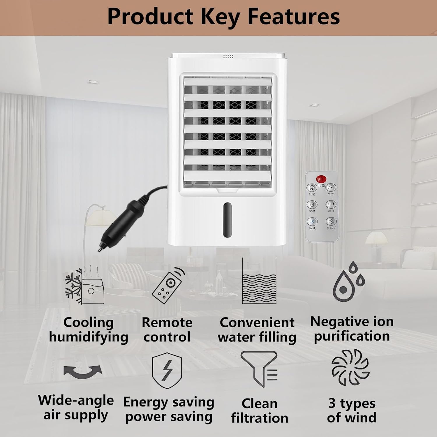 Portable Air Conditioners 4-in-1 Portable Air Cooler Fan Mini Evaporative AC Unit with 3-Speed and 4 Ice Packs Remote Control Touch Screen for Camping Office Bedroom Car 24VCar