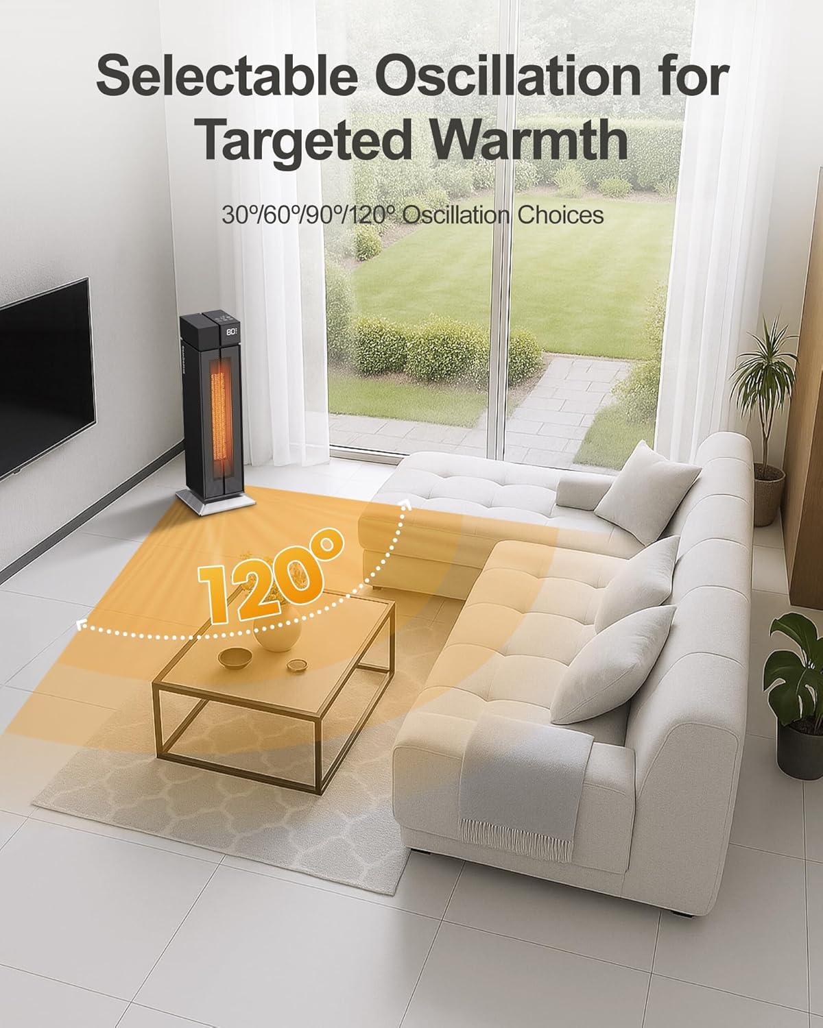 Space Heater Large Room, 25” Electric Room Heaters for Indoor Use with 120° Oscillation, 3 Heat Levels, 3 Modes, Multiple Safety Protections, 12H Timer, Black Ceramic Tower Heater for Bedroom