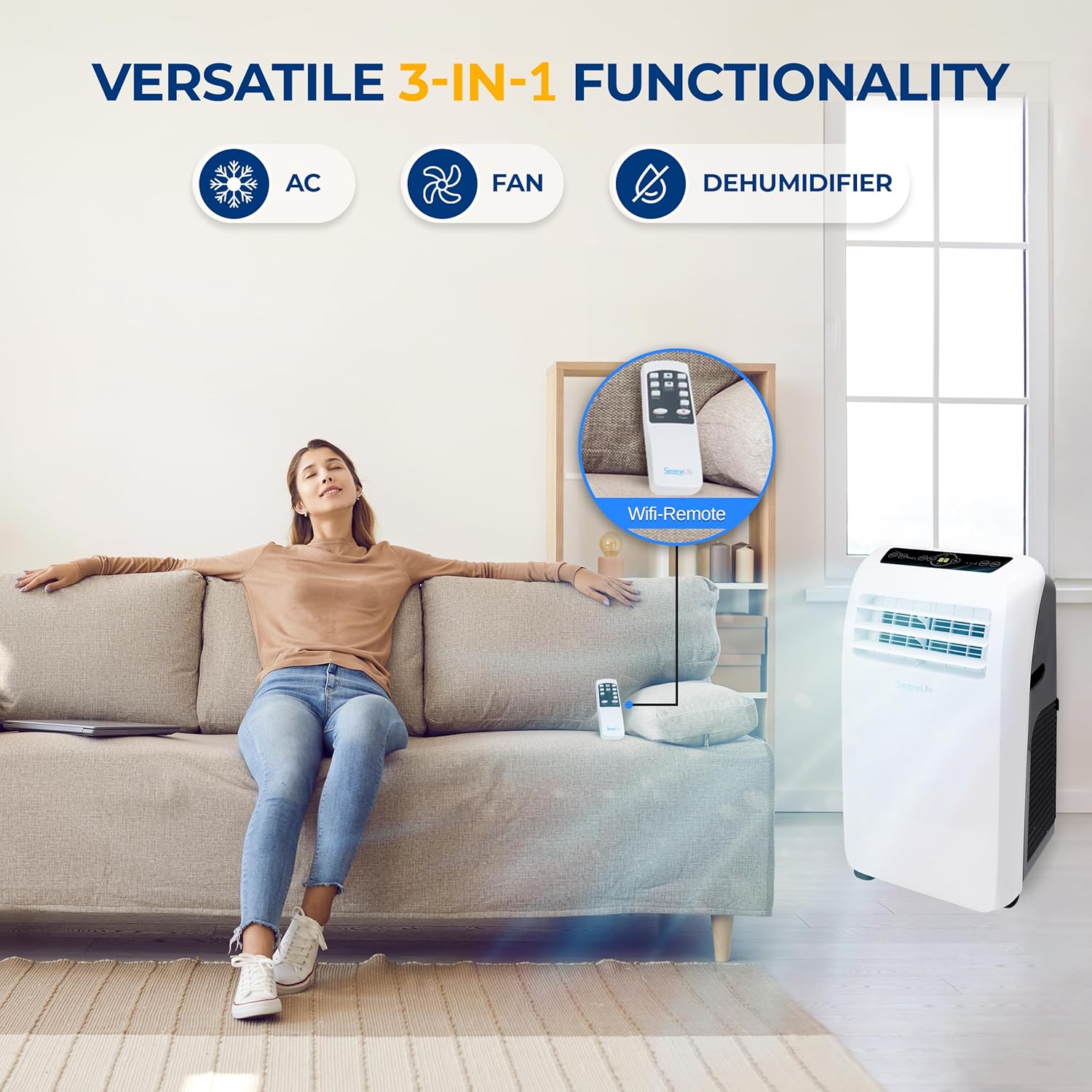SereneLife Small Air Conditioner Portable 10,000 BTU with Built-in Dehumidifier - Portable AC unit for rooms up to 450 sq ft - Remote Control, Window Mount Exhaust Kit