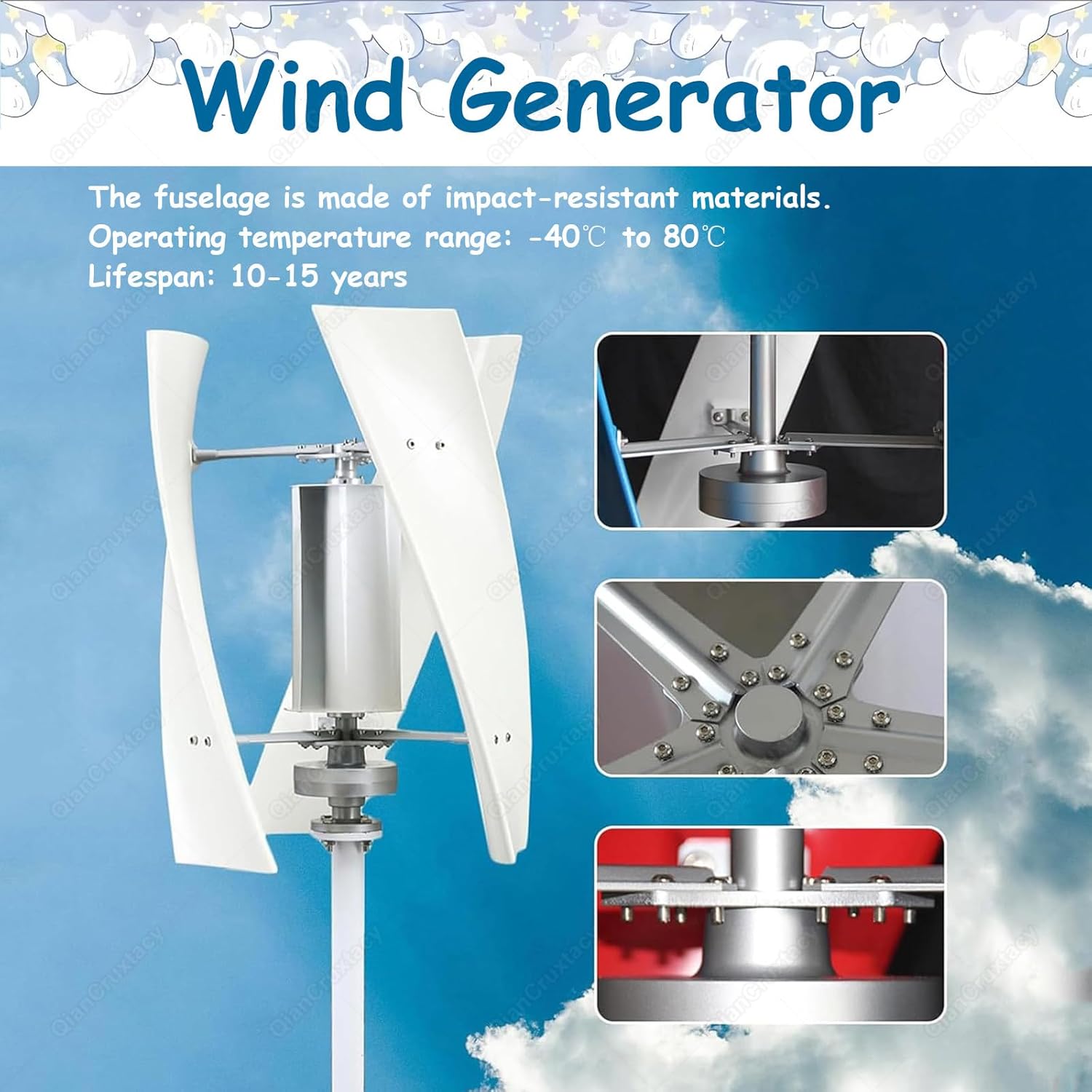 Maglev Vertical Wind Turbine, Complete Power Generation Kit, Portable Wind Turbines, Three Curved Nylon Fiber Blades, for Courtyard, Factory, Farm & Remote Applications Multi-200W