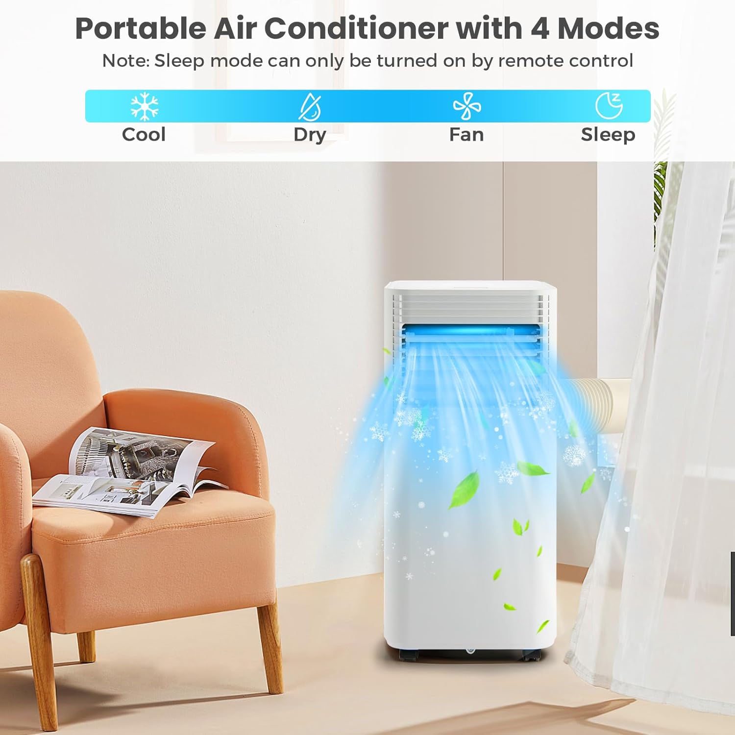 KOTEK Portable Air Conditioners, Air Conditioner for Rooms up to 230 Sq Ft, Ac Unit with Remote Control, 2 Speeds, 4 Modes, 24H Timer & Window Installation Kit for Home/Office/Dorms (White, 8000 BTU)