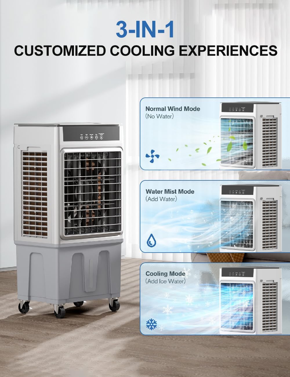Swamp Cooler Air Conditioner, Evaporative Air Cooler, 24H Timer & 8 Gal Water Tank, 100°Oscillation, 3 Speeds&4 Ice Boxes, Portable Cooling Fan for Garage Outdoor Indoor