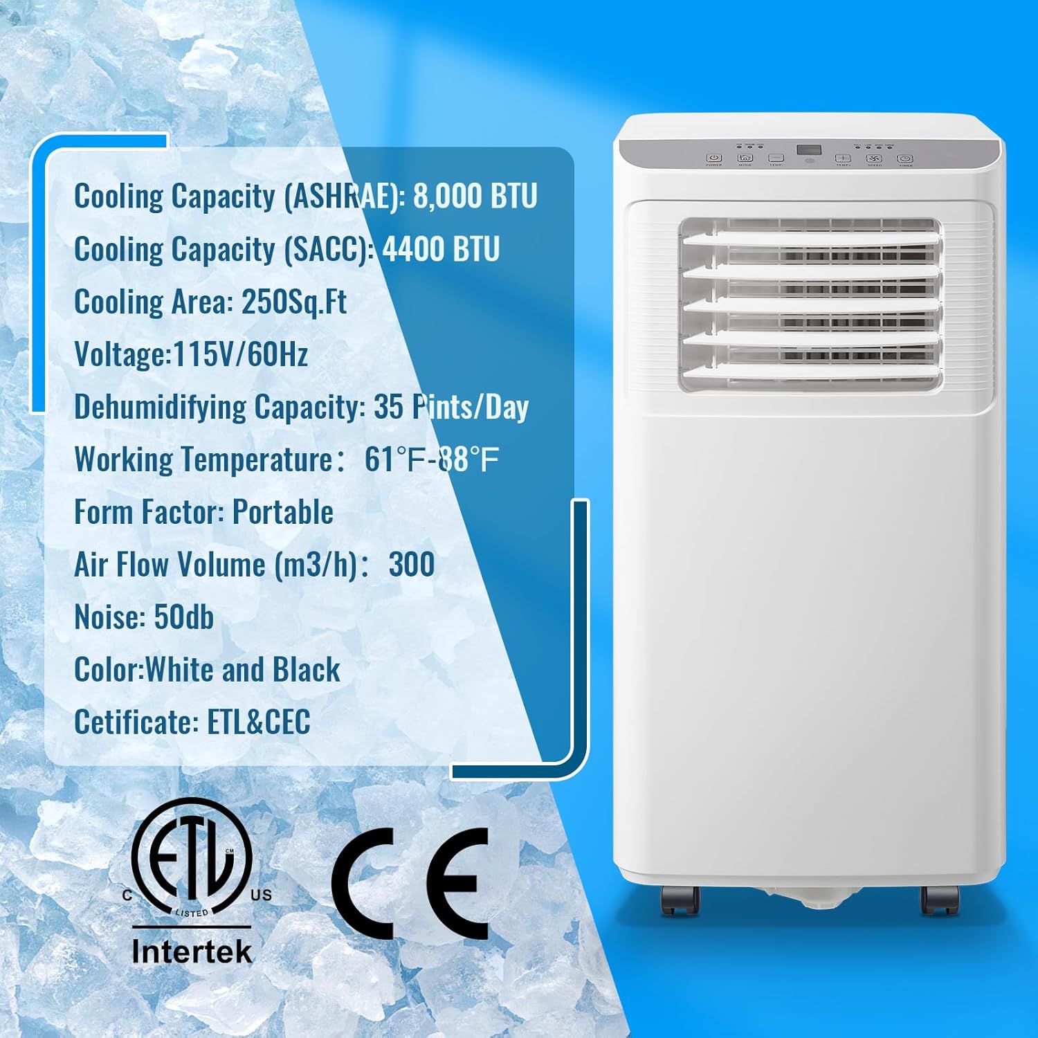 Portable Air conditioner 8,000 BTU ASHARE (4400 BTU SACC), AC Unit for Room up to 250 Sq. Ft with Remote Control, 3-in-1 Standing Air Conditioner, Floor AC Unit with Window Kit, White