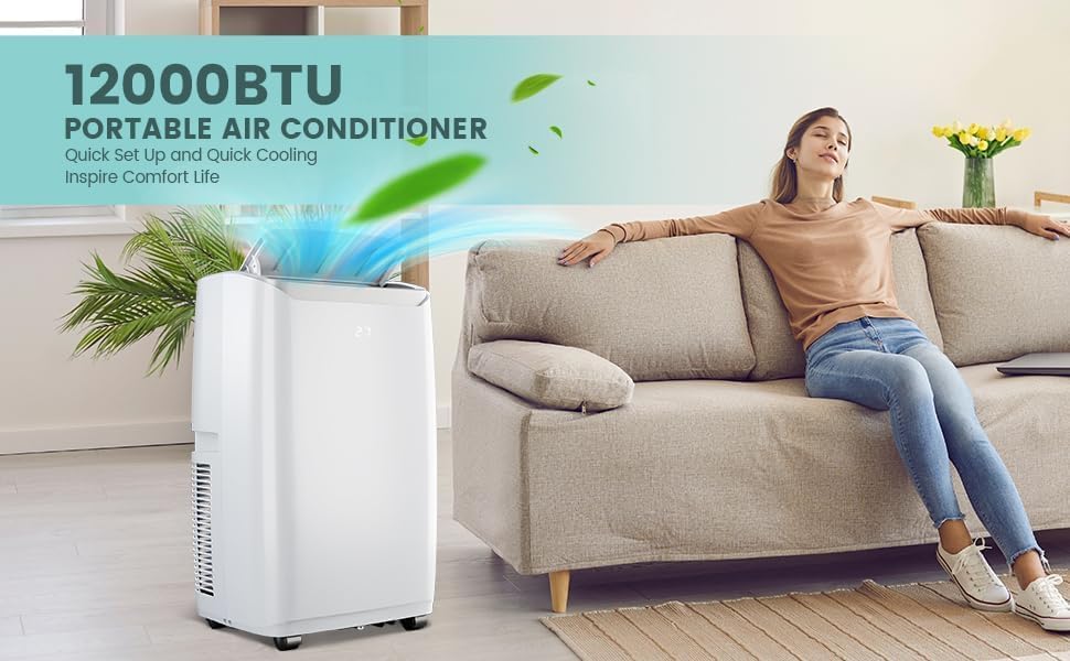 12,000 BTU Portable Air Conditioner with Cooling, Dehumidifier, and Fan Functions, Efficiently Cools up to 550 Sq. Ft, Includes Remote Control, Window Venting Kit, 24-Hour Timer, White
