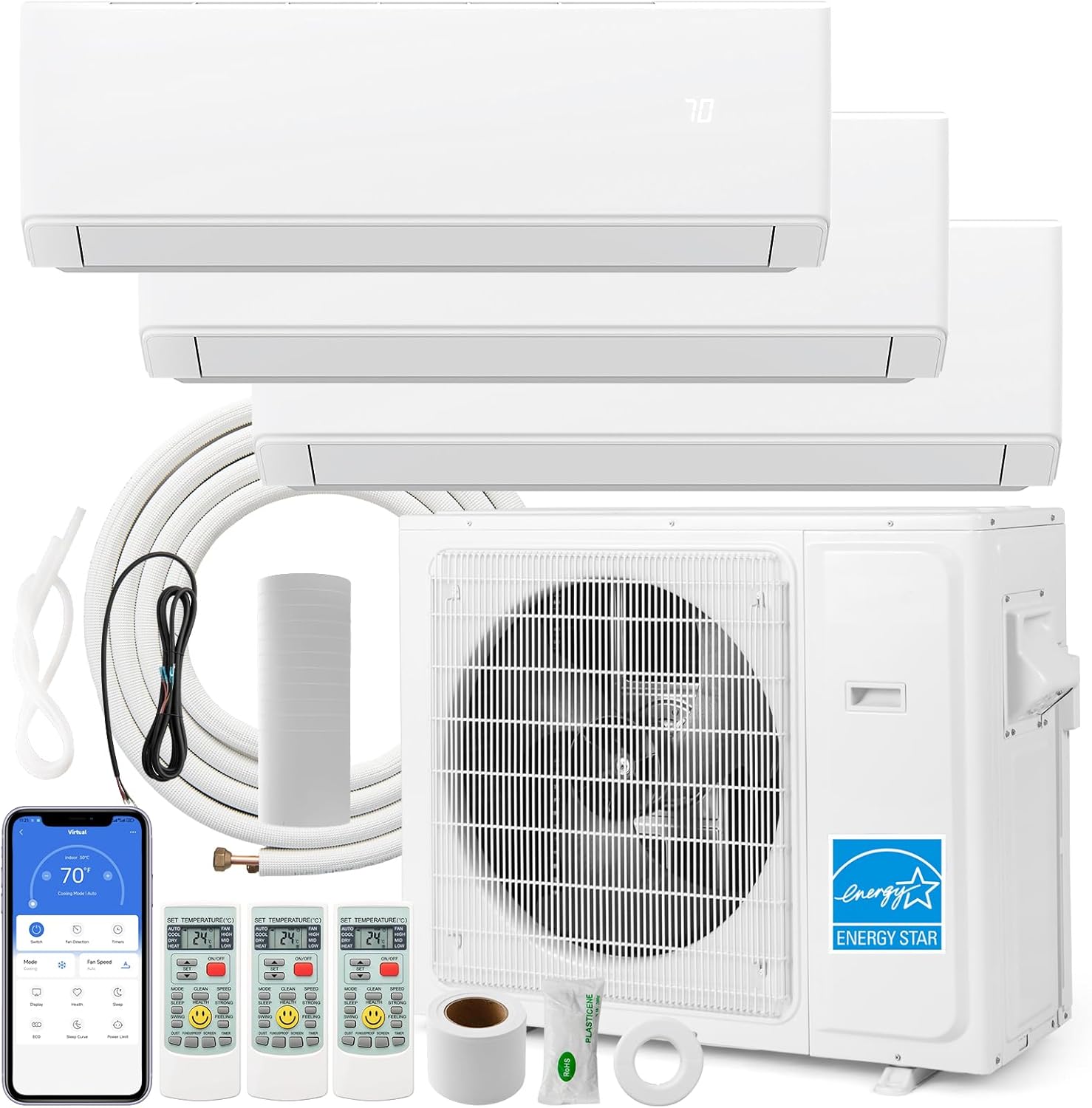 SIMOE Tri 3 Zone 36,000 BTU Mini Split Air Conditioner, Wifi-Enabled 23 SEER2, 9k+12k+12k BTU, Multi Zones Mini Split AC Heat Pump Full Set, 208-230V, Ductless Energy Star, Installation Kit