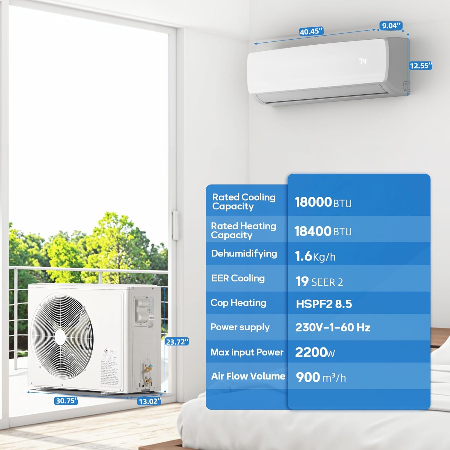 18000BTU Mini Split Air Conditioner Heat Pump, 19 SEER2 Inverter Compressor AC Unit Cools Rooms up to 1250 Sq. Ft, 230V Ductless Split AC with Pre-Charged Condenser & Installation Kit