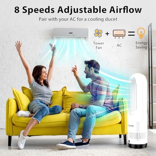 Bladeless Tower Fan for Bedroom, 22Inch 1400W Space Heater & 40W Cooler Fan Combo with Remote, Overheat & Tip-Over Protection, 80° Oscillating, 9H Timer, LED Display for Bedroom, Kitchen, Office