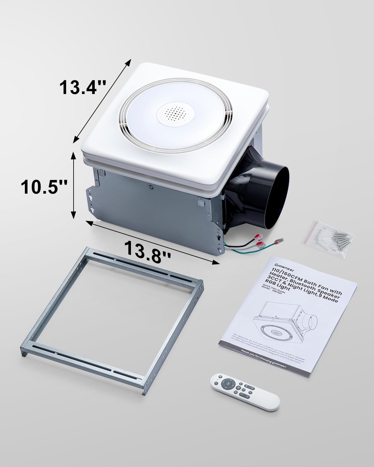 GROWNEER Bathroom Fan with Bluetooth Speaker, 110/160 CFM 1.0 Sone Bathroom Exhaust Fan with Heater, Powerful Oversize Exhaust Fan with Light & Remote, 9 RGB Modes, 1500lm 3-CCT & Nightlight