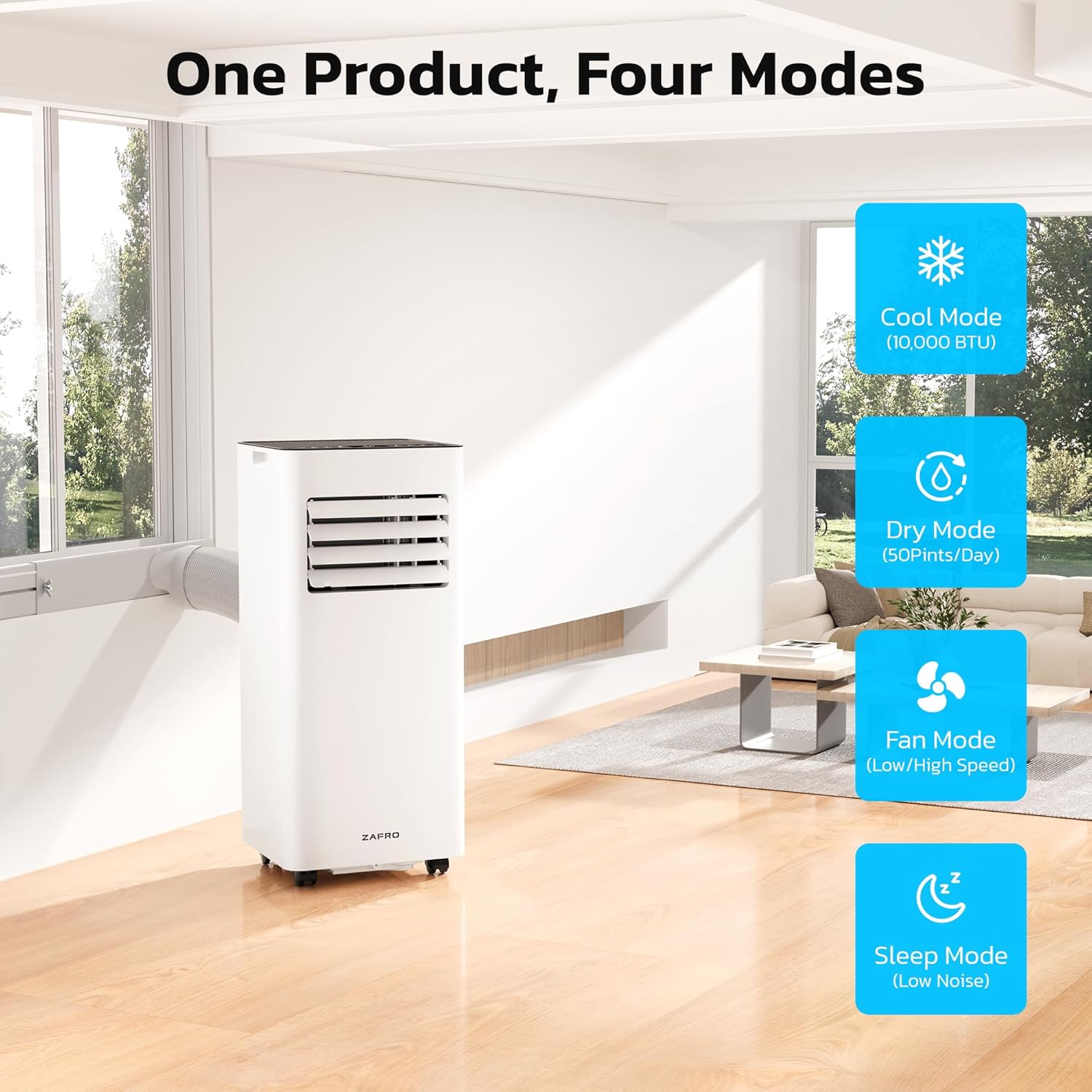 ZAFRO 8,000 BTU Portable Air Conditioners, AC Unit with Cool/Fan/Dehumidifier/Smart Sleep Modes, 24H Timer, Remote Control, Air Cooler for Bedroom Dorms Small-Rooms, White
