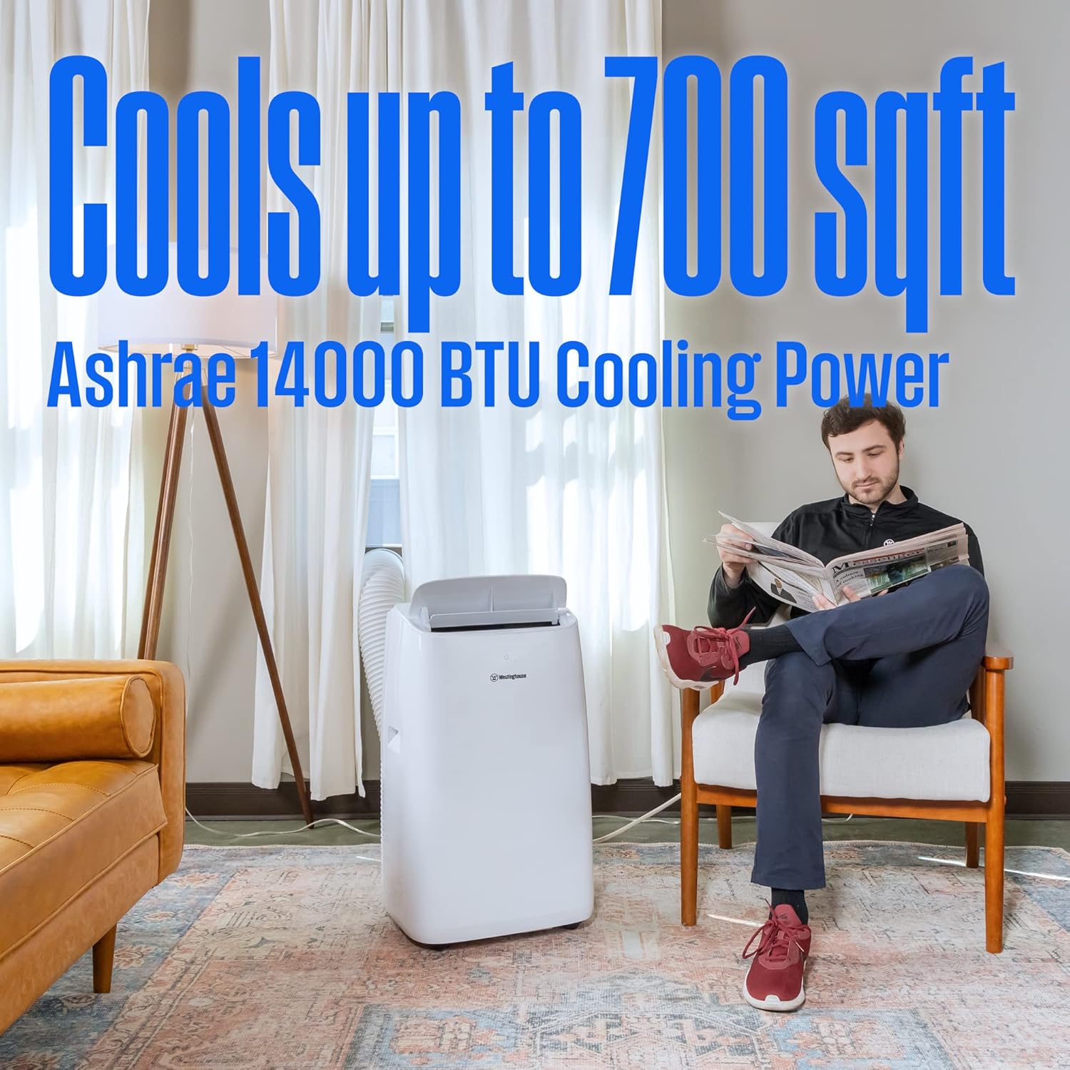 Westinghouse 14,000 BTU Air Conditioner Portable For Rooms Up To 700 Square Feet, Portable AC with Home Dehumidifier, Smart App, 3-Speed Fan, Programmable Timer, Remote Control, Window Kit, White