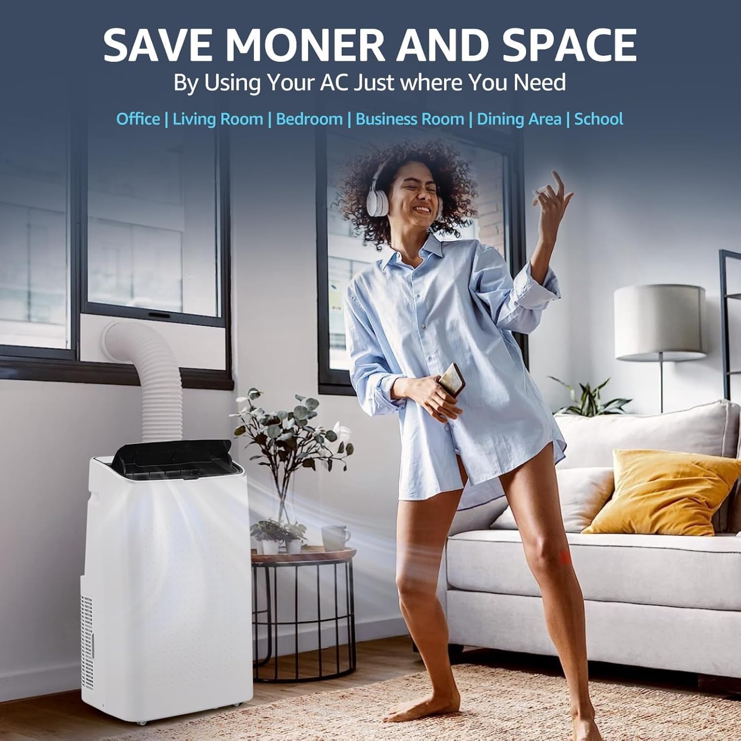 14,000 BTU Portable Air Conditioner for 750 Sq.Ft - Drainage-Free 3 in-1 w/Cool, Dehumidifier & Fan, 50dB Quiet & No Tools Window Kit for Bedroom/Apartment/Office