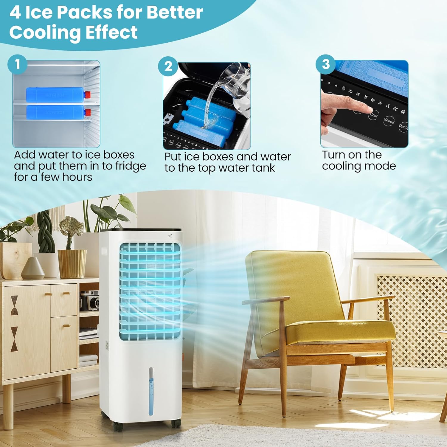 KOTEK 4-In-1 Evaporative Air Cooler, Portable AC Fan with 4 Modes, 3 Speeds, 7H Timer, 12L Water Tank 4 Ice Packs & Remote Control, Air Conditioner Fan for Home Office Indoor Use