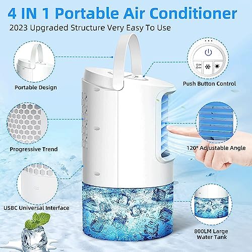 Personal Portable Air Conditioner - USB Cooler, Evaporative Mini Air Conditioner with 3 Speeds, 7 Colors Light Personal Air Conditioner, 400ml Water Tank Evaporative for Room Office Desk