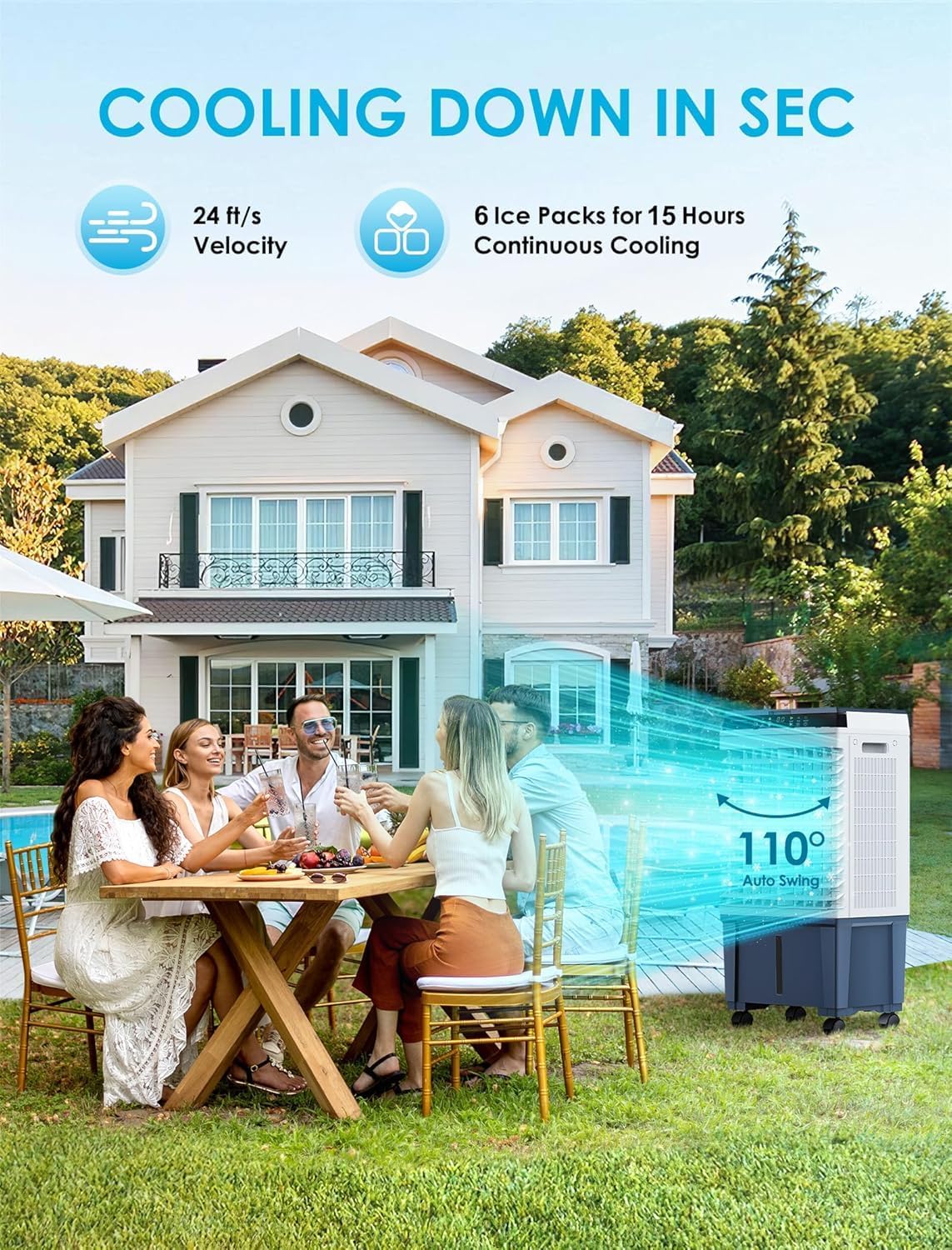 Air Choice Swamp Cooler, 1800 CFM Evaporative Air Cooler with 5.3 Gal Water Tank, 110° Swing, 3 Speeds, 4 Ice Box, Remote, 12H Timer, Portable Air Cooling Fan for Outdoor & Indoor, Gray