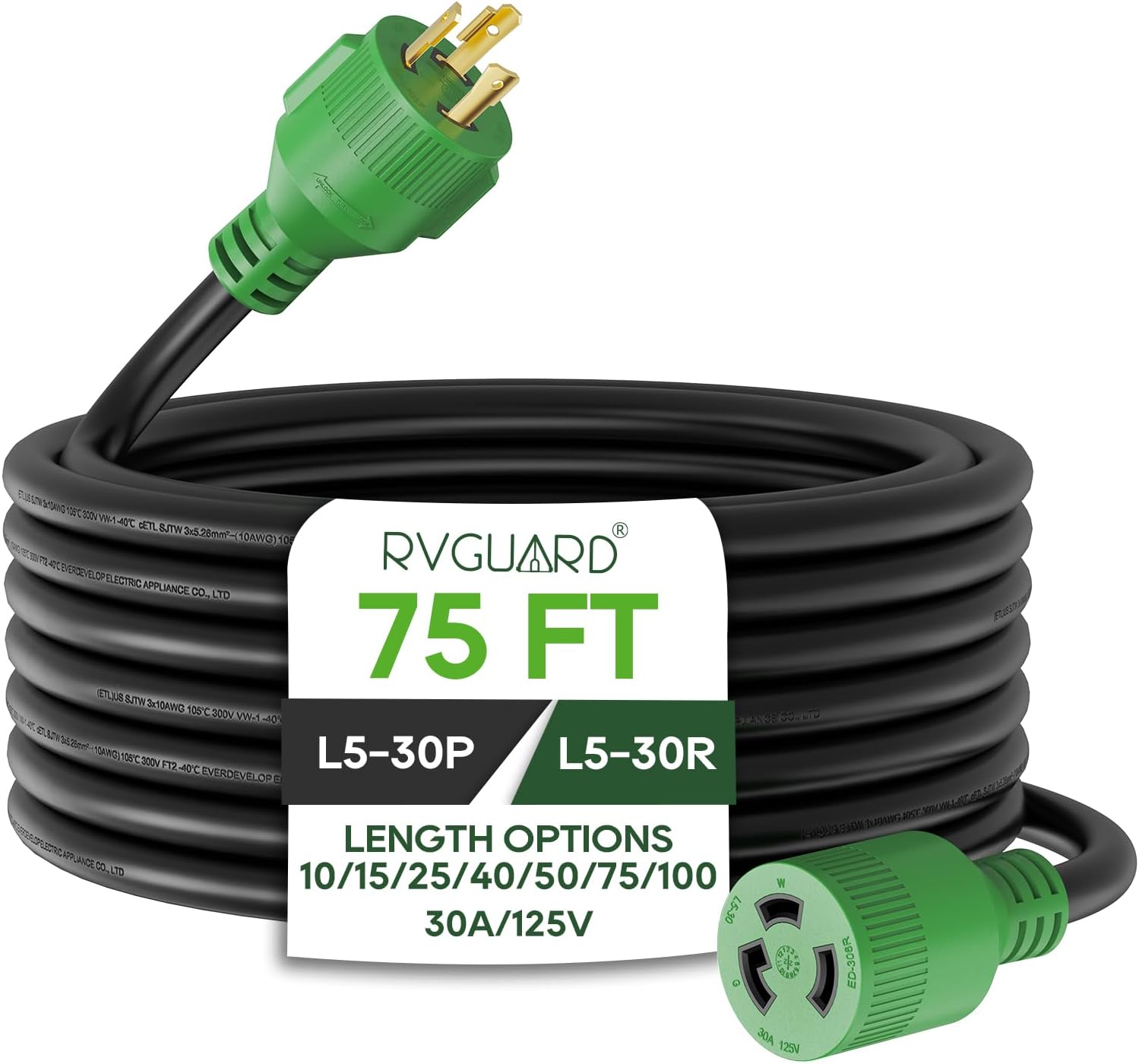 RVGUARD 3 Prong 30 Amp 75 Foot Generator Extension Cord, NEMA L5-30P/L5-30R 125V 10 Gauge SJTW Generator Power Cord with Cord Organizer, ETL Listed
