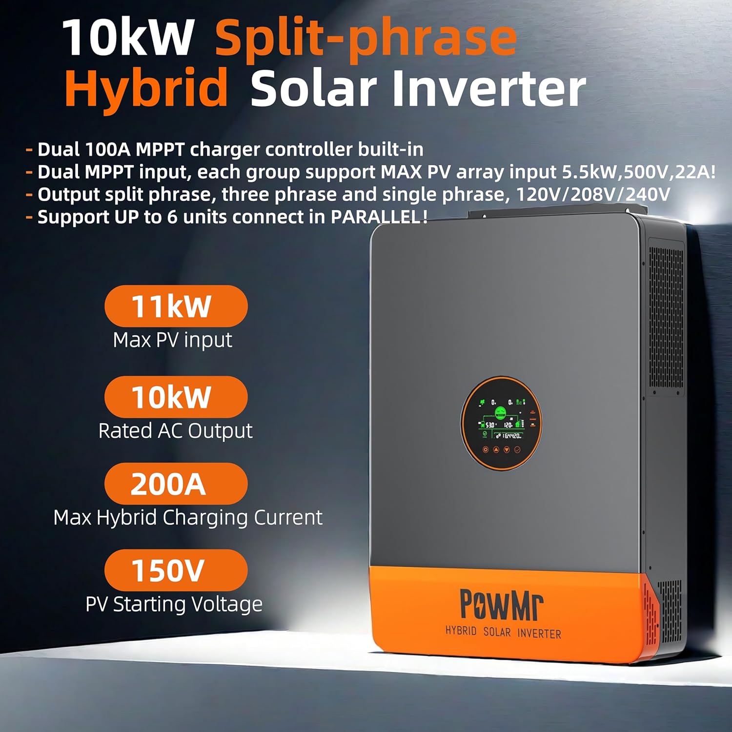 PowMr 10000W Split Phase 48V to 120/240V AC Solar Inverter, UL1741 10KW Inverter with 200Amp MPPT Charge Controller, for 48V Lead Acid, Lithium Battery, User-Define【 Support up to 6 Unit Parallel】