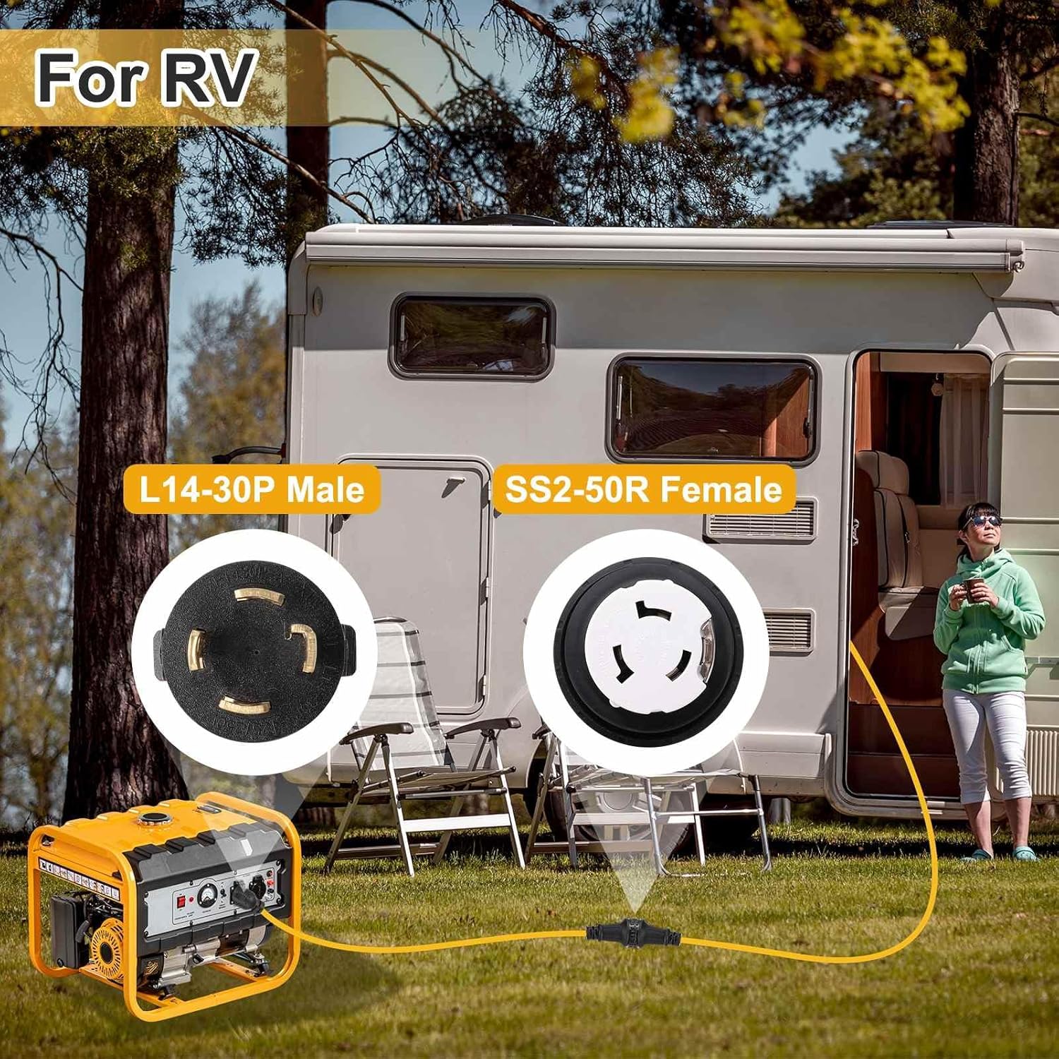 MECCANIXITY 25ft NEMA L14-30P to SS2-50R RV Marine Generator Transfer Switch Adapter Cord, 30A Generator Extension Cord L14-30P Male to 50A Marine Shore Power SS2-50R Female, 125V/250V